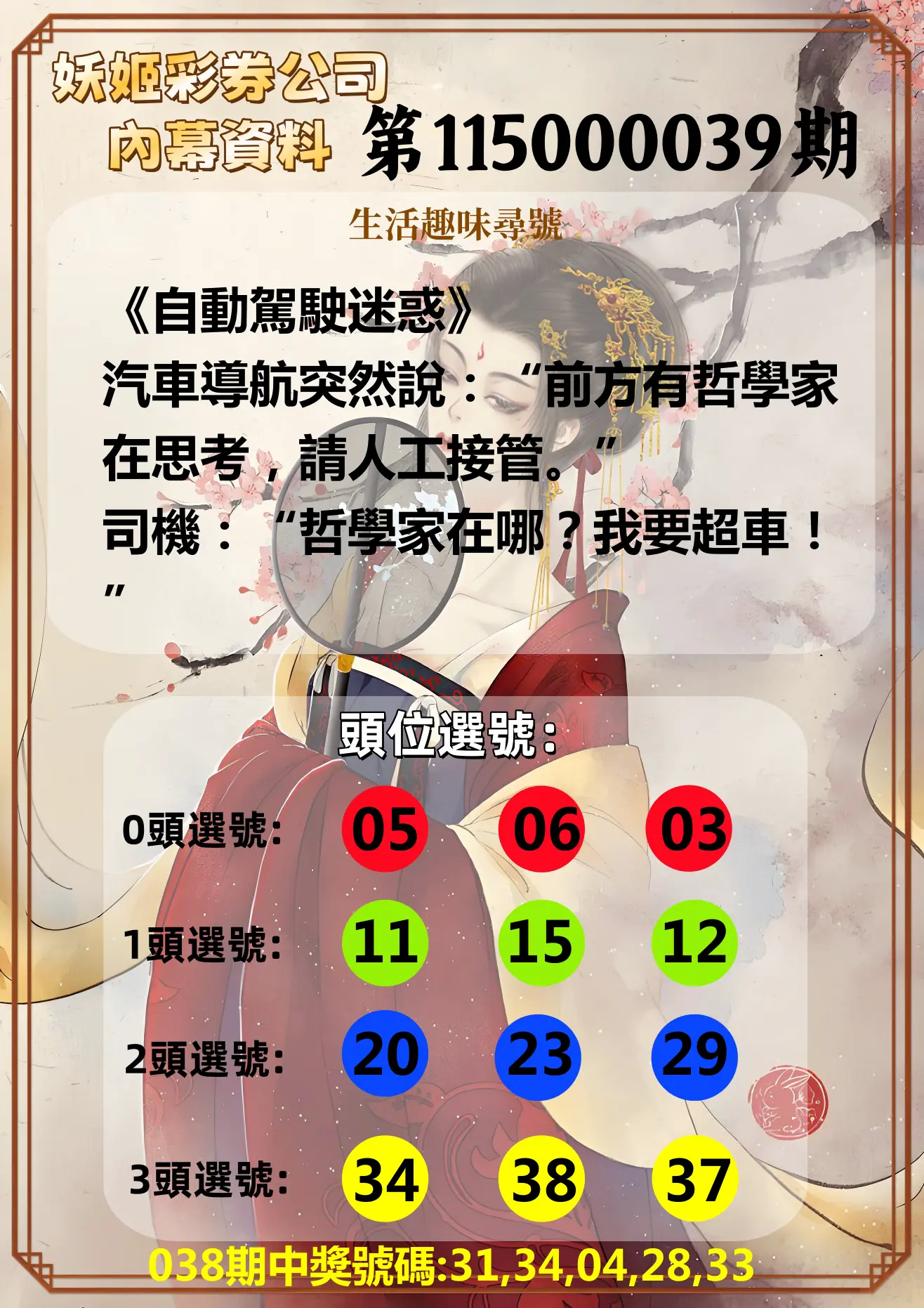 今彩539第115000039期(02/14)妖姬彩券公司內幕資料