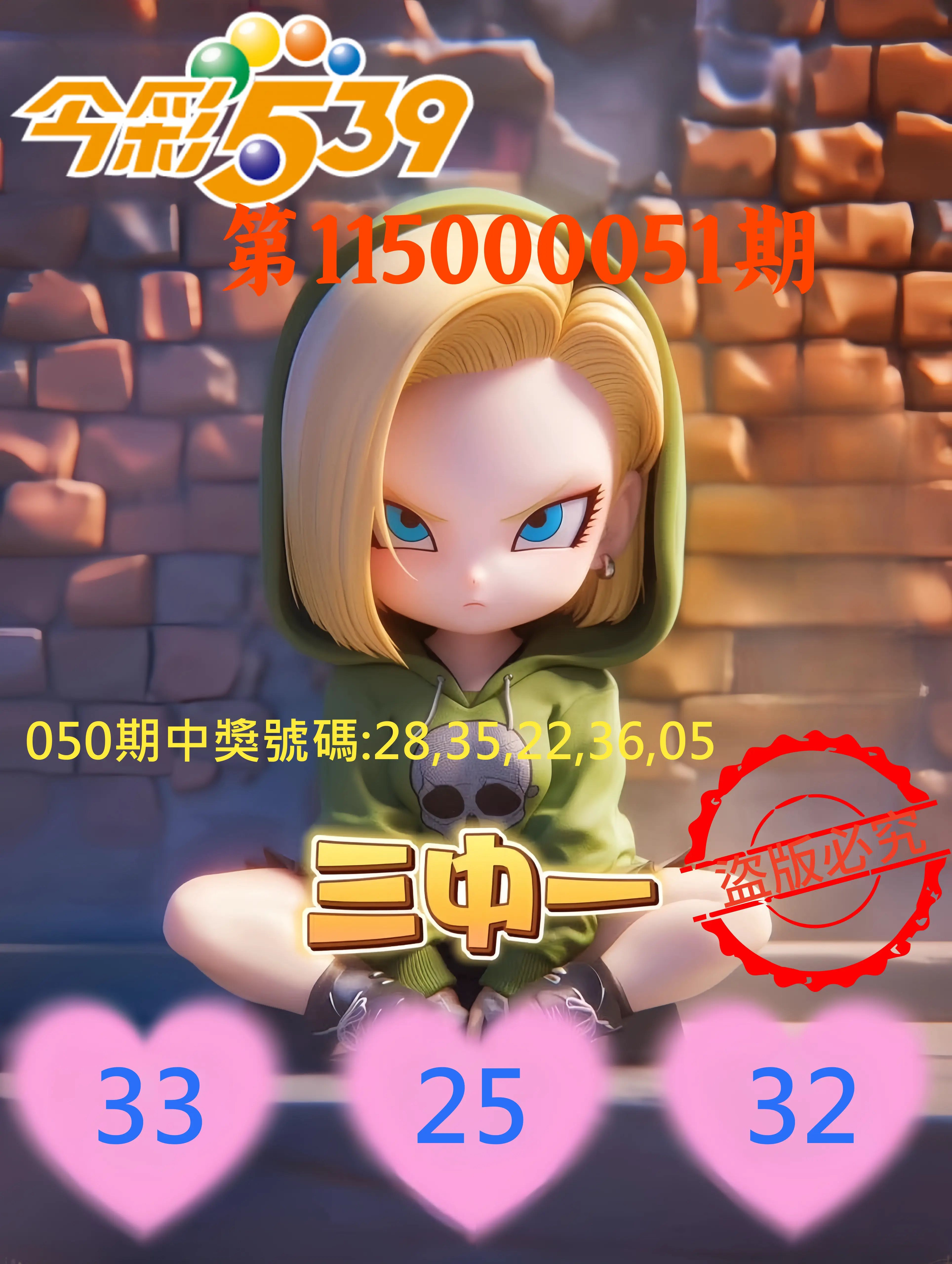 今彩539第115000051期(02/26)今彩539孫恩淑三中壹牌號
