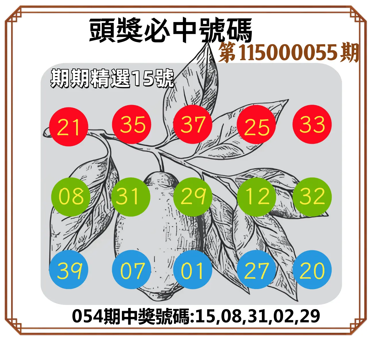 今彩539第115000055期(03/02)頭獎號碼