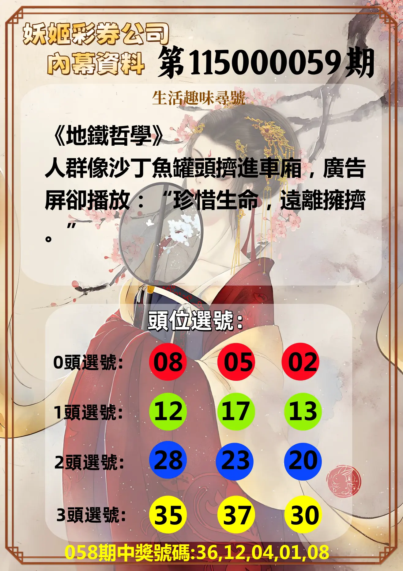 今彩539第115000059期(03/06)妖姬彩券公司內幕資料