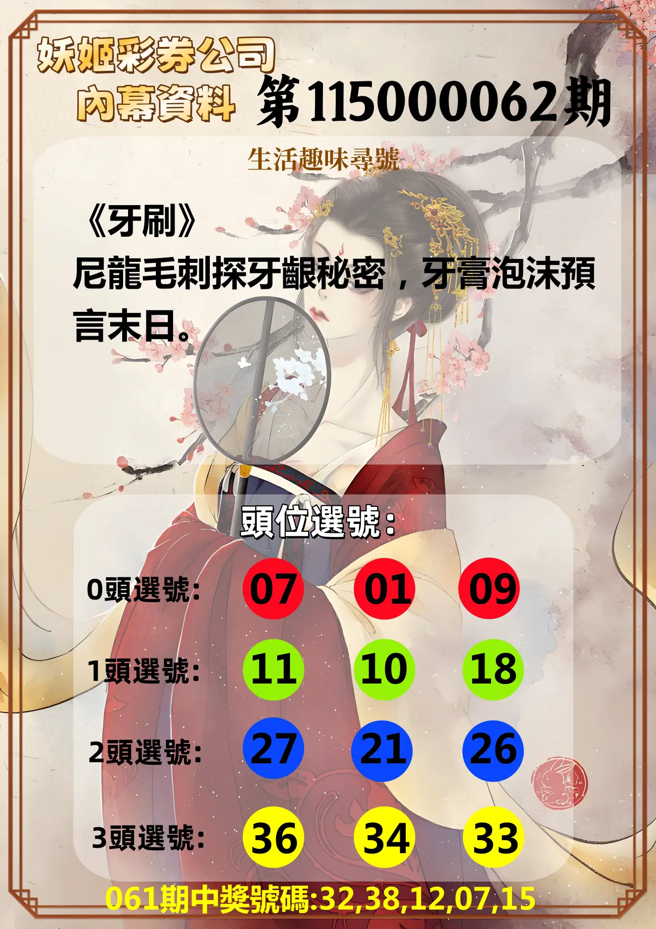 今彩539第115000062期(03/10)妖姬彩券公司內幕資料