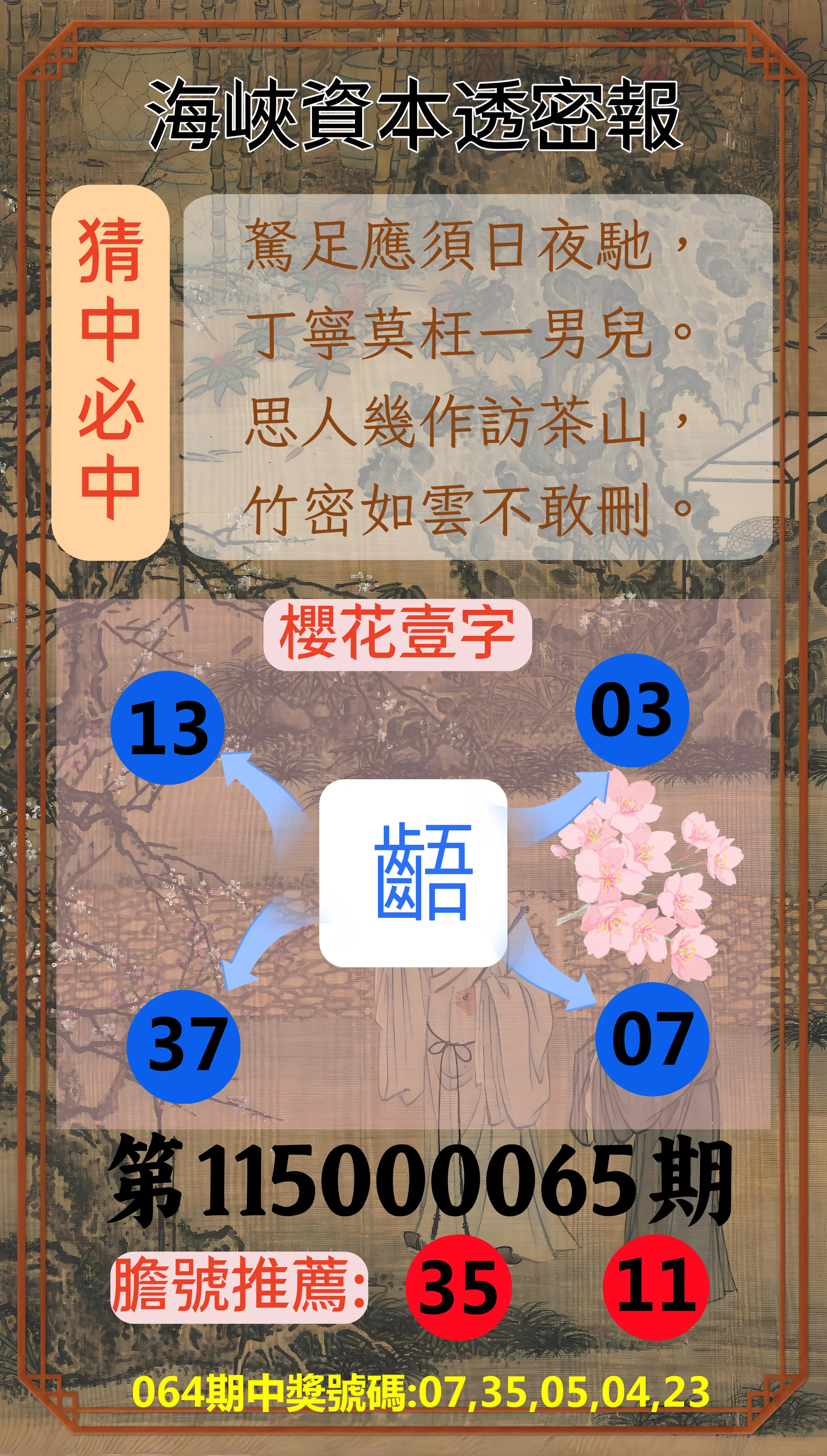 今彩539第115000065期(03/13)海峽資本透密報