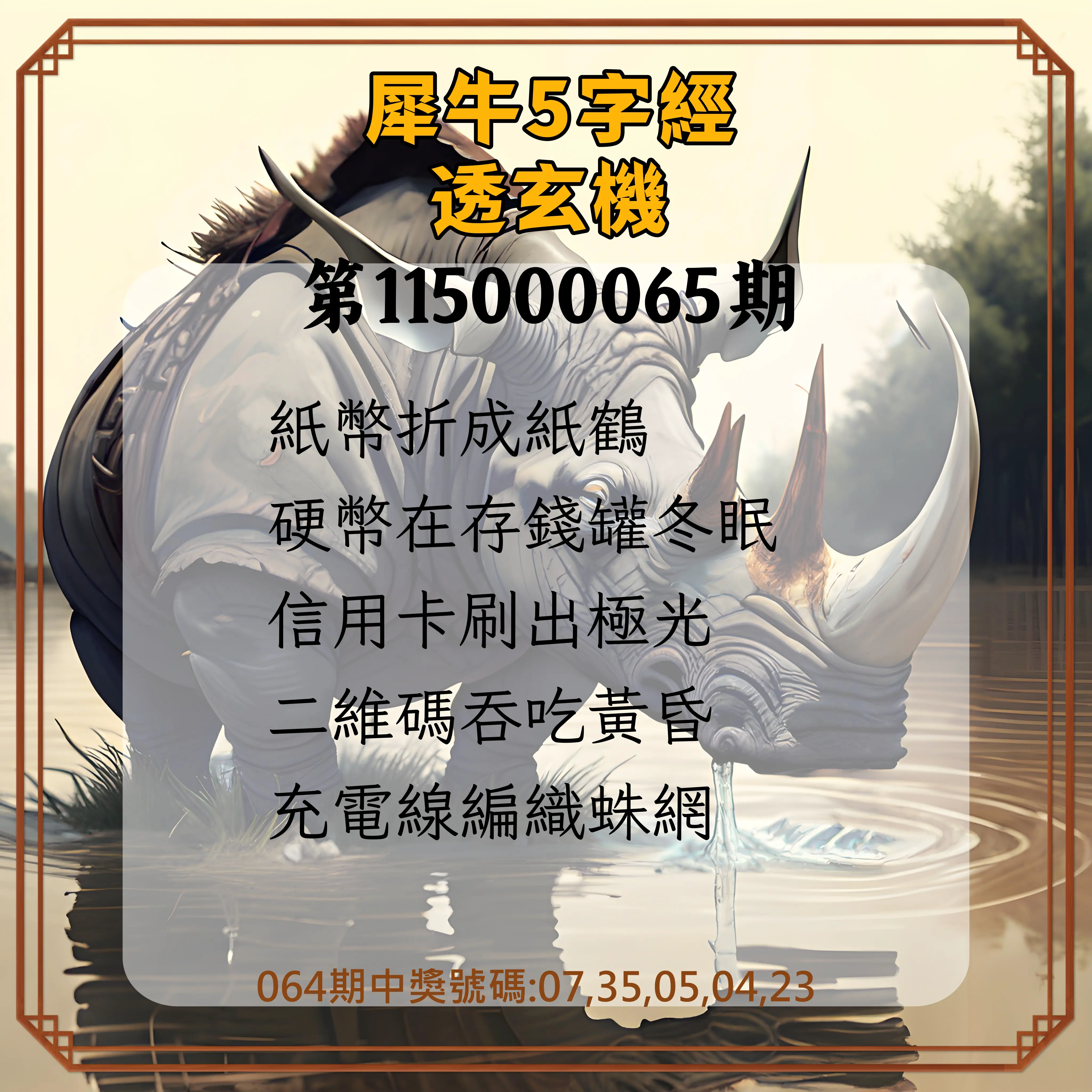 今彩539第115000065期(03/13)犀牛5字經透玄機