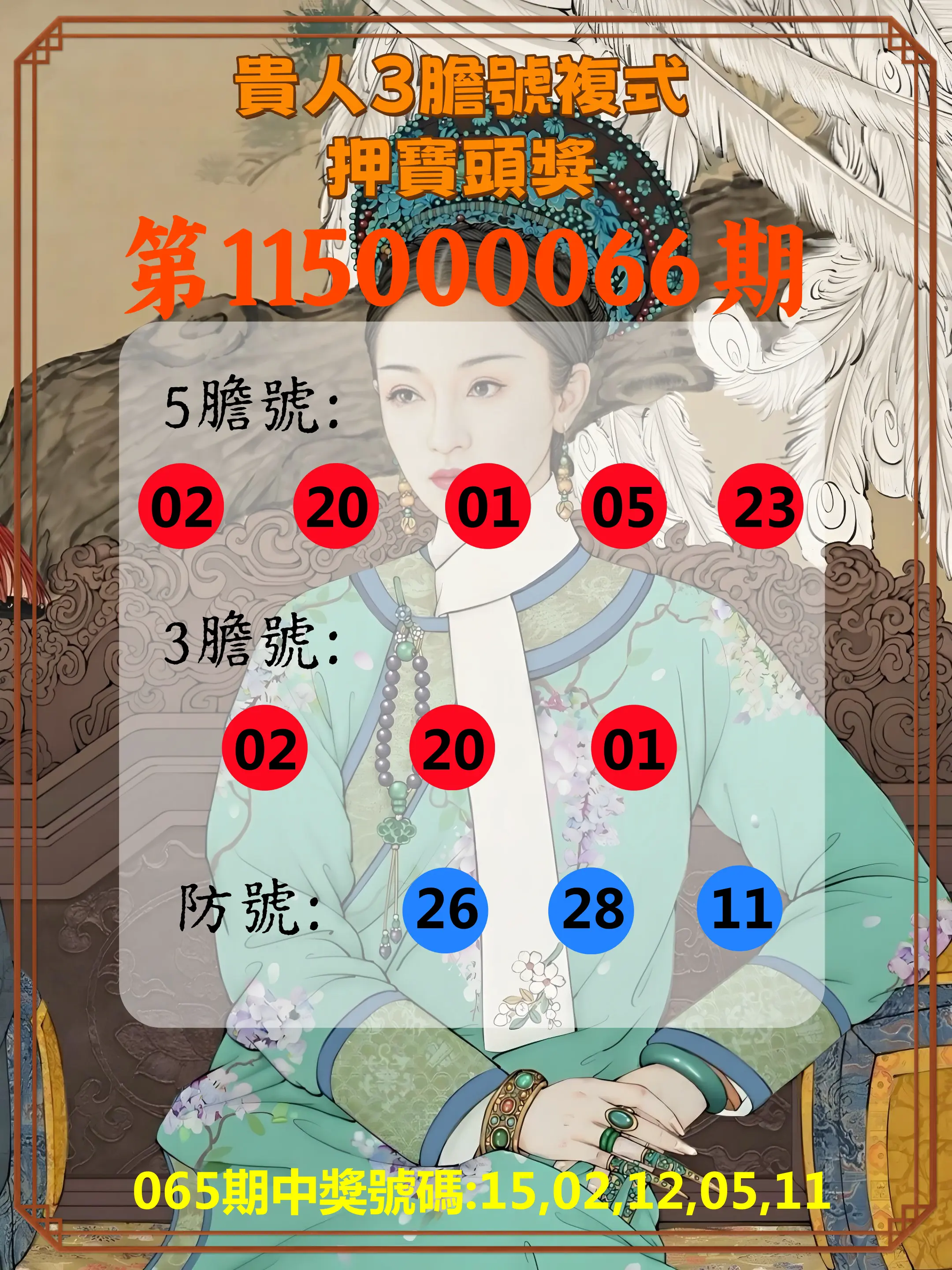 今彩539第115000066期(03/14)貴人3膽號複式押寶頭獎