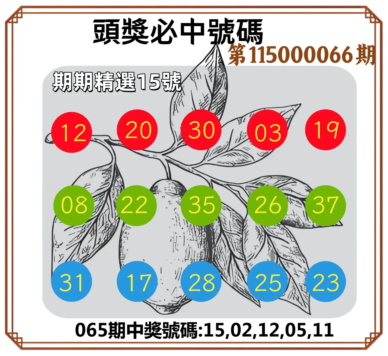 今彩539第115000066期(03/14)頭獎號碼