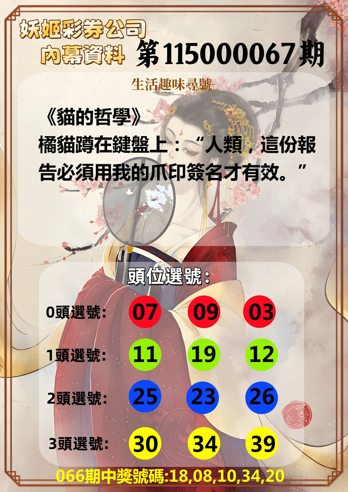 今彩539第115000067期(03/16)妖姬彩券公司內幕資料