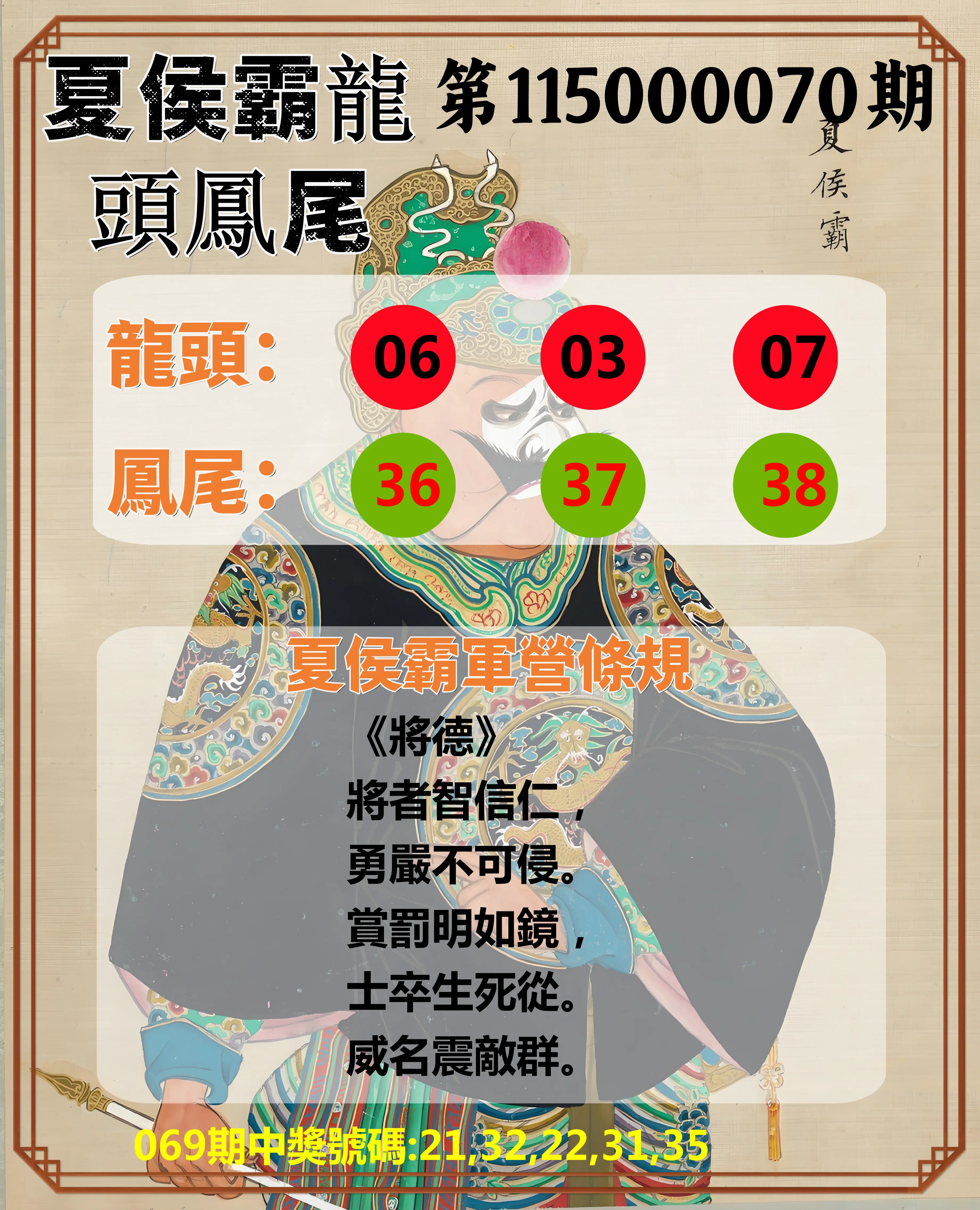 今彩539第115000070期(03/19)夏侯霸龍頭鳳尾