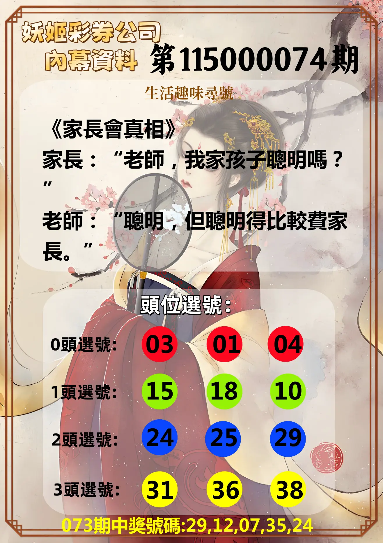 今彩539第115000074期(03/24)妖姬彩券公司內幕資料