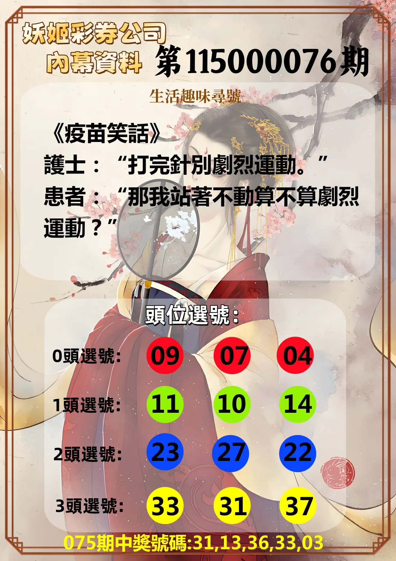 今彩539第115000076期(03/26)妖姬彩券公司內幕資料