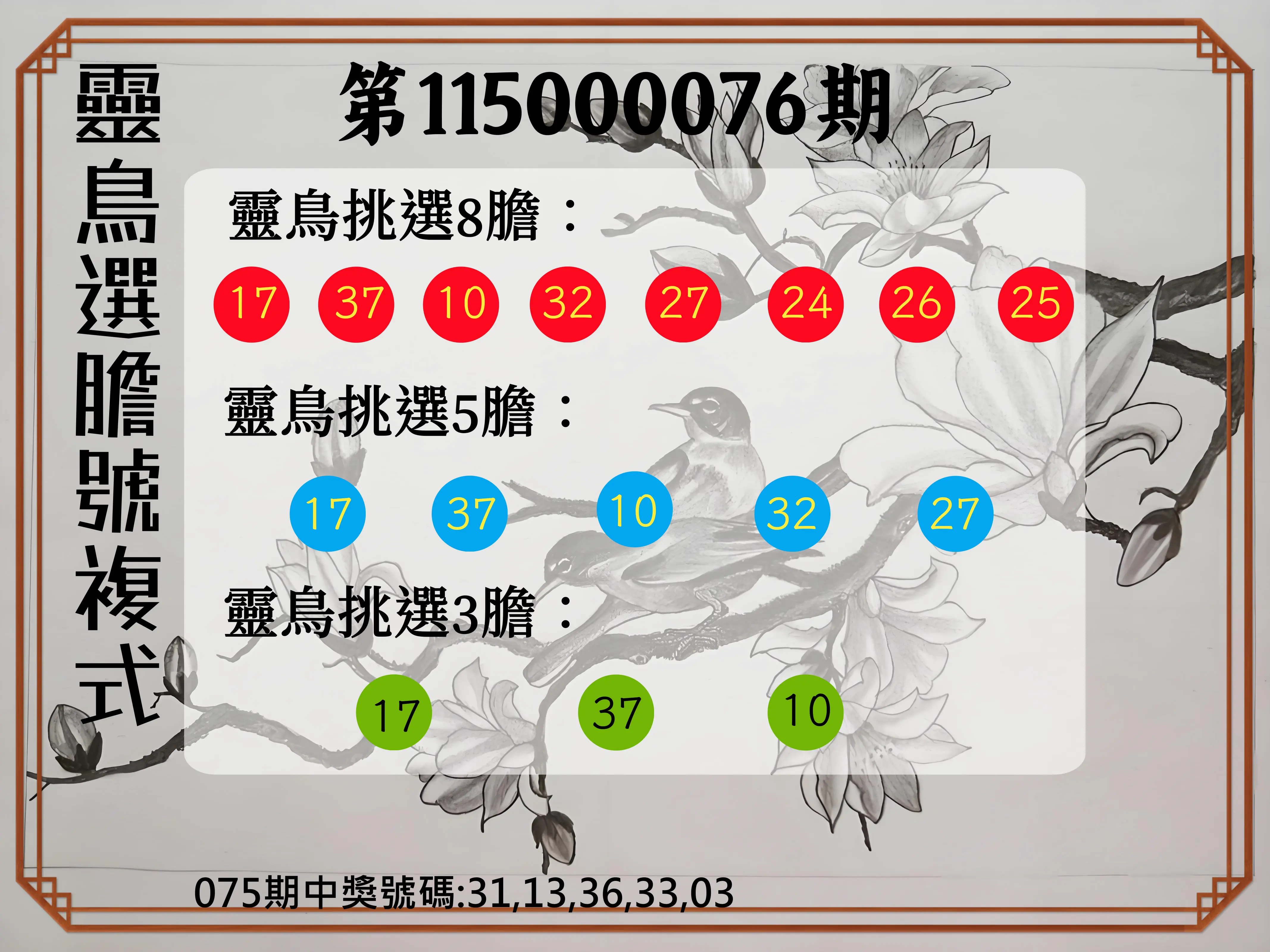 今彩539第115000076期(03/26)靈鳥選膽號複式