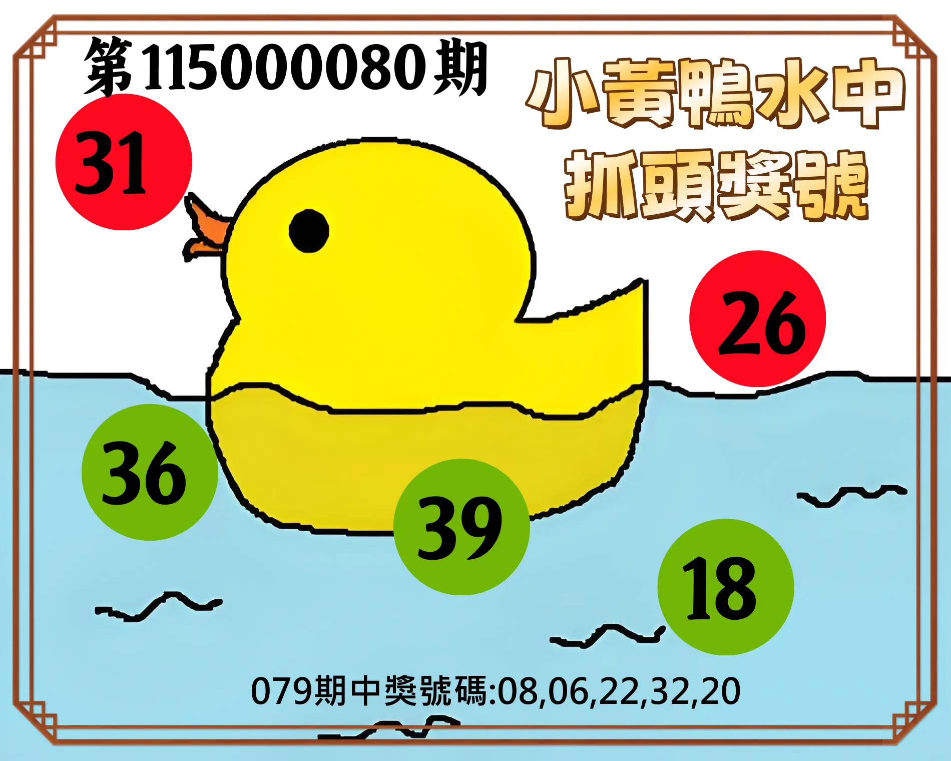 今彩539第115000080期(03/31)小黃鴨水中抓頭獎號