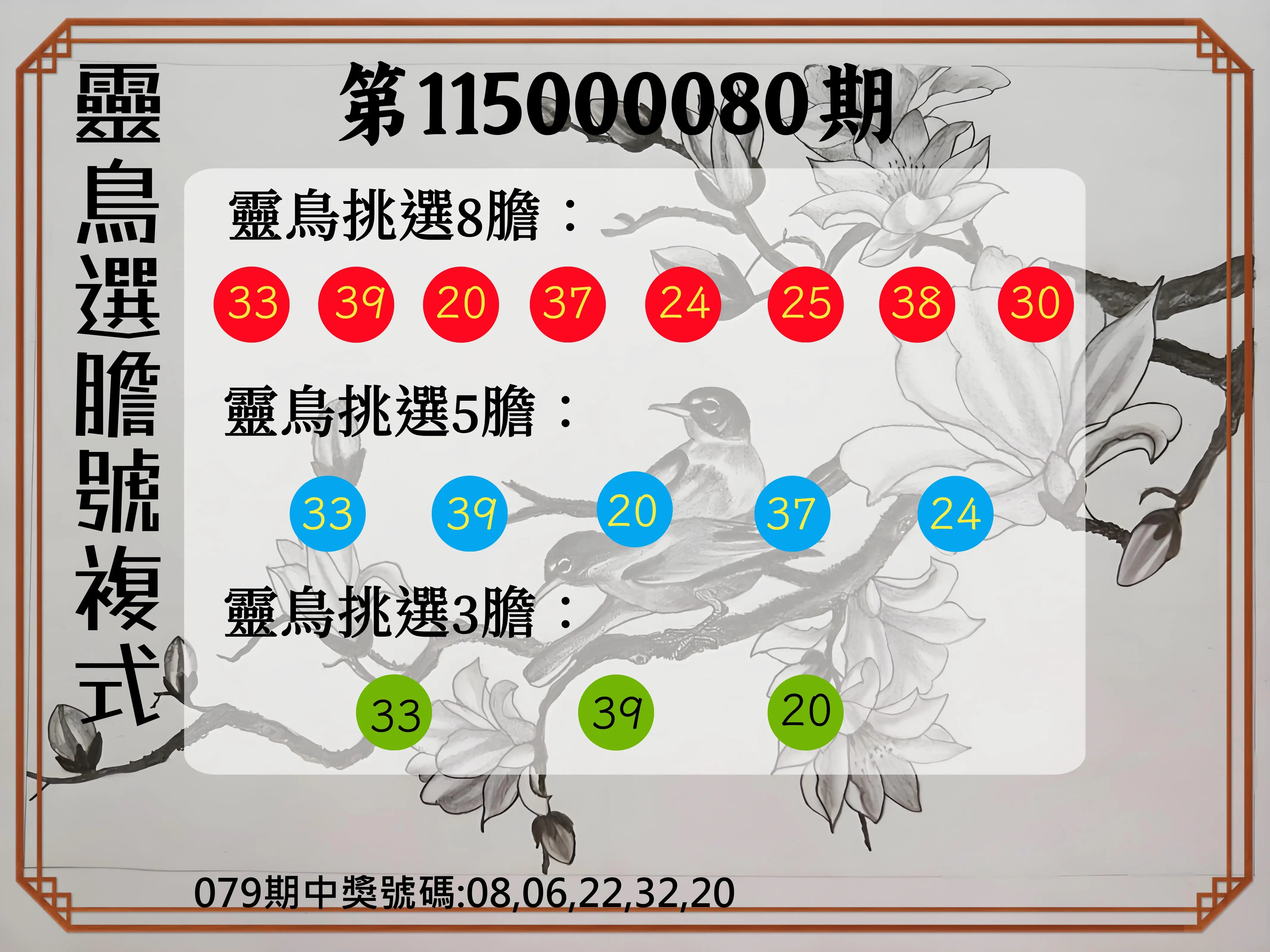 今彩539第115000080期(03/31)靈鳥選膽號複式