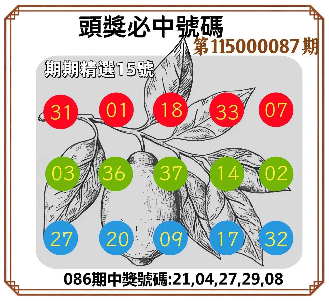 今彩539第115000087期(04/08)頭獎號碼