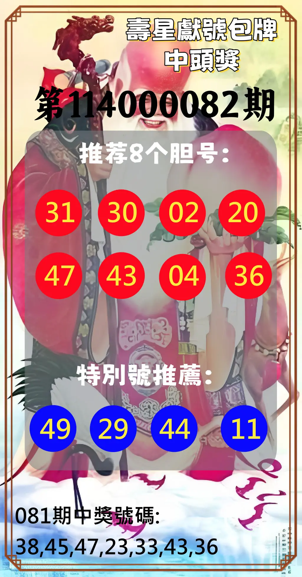大樂透第114000082期(08/29)壽星獻號包牌中頭獎