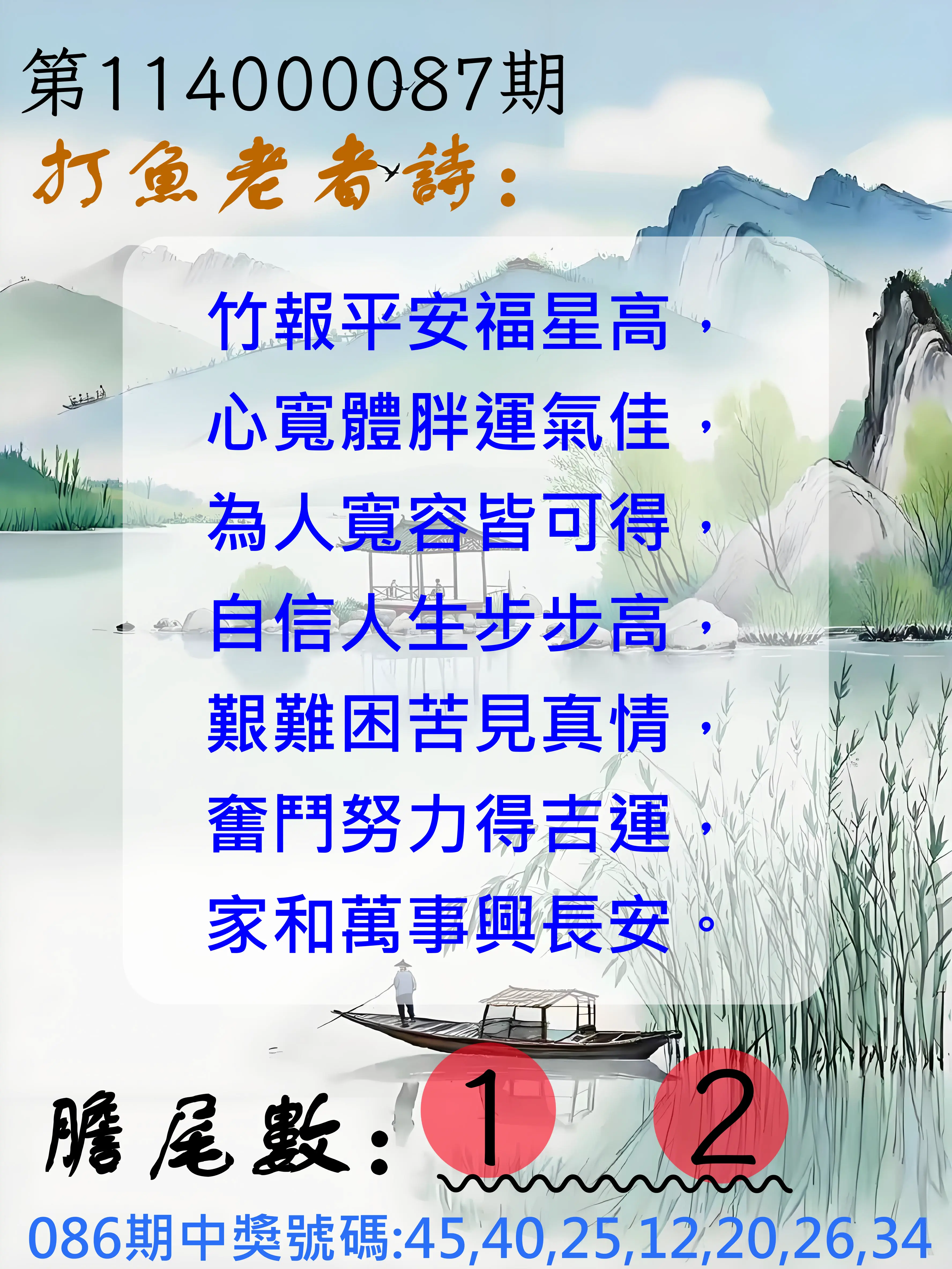 大樂透第114000087期(09/12)打魚老者詩