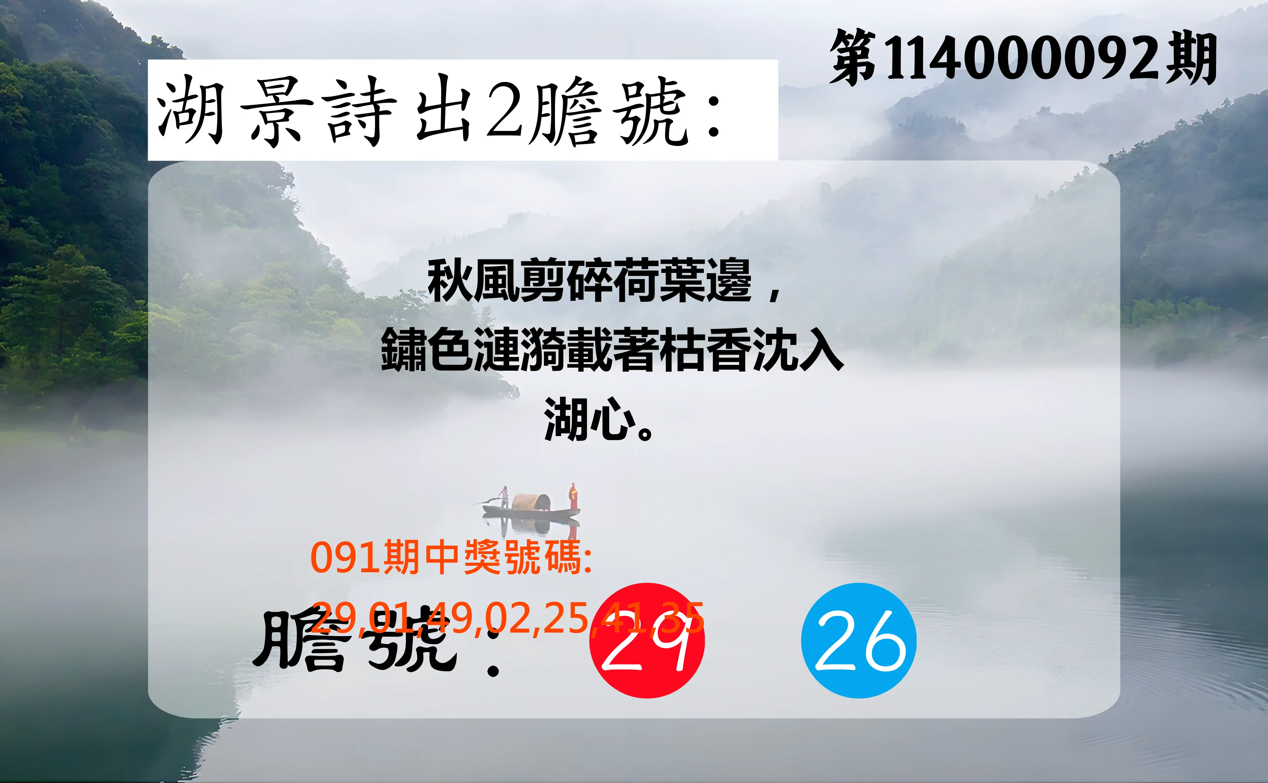 大樂透第114000092期(09/30)湖景詩出2膽號