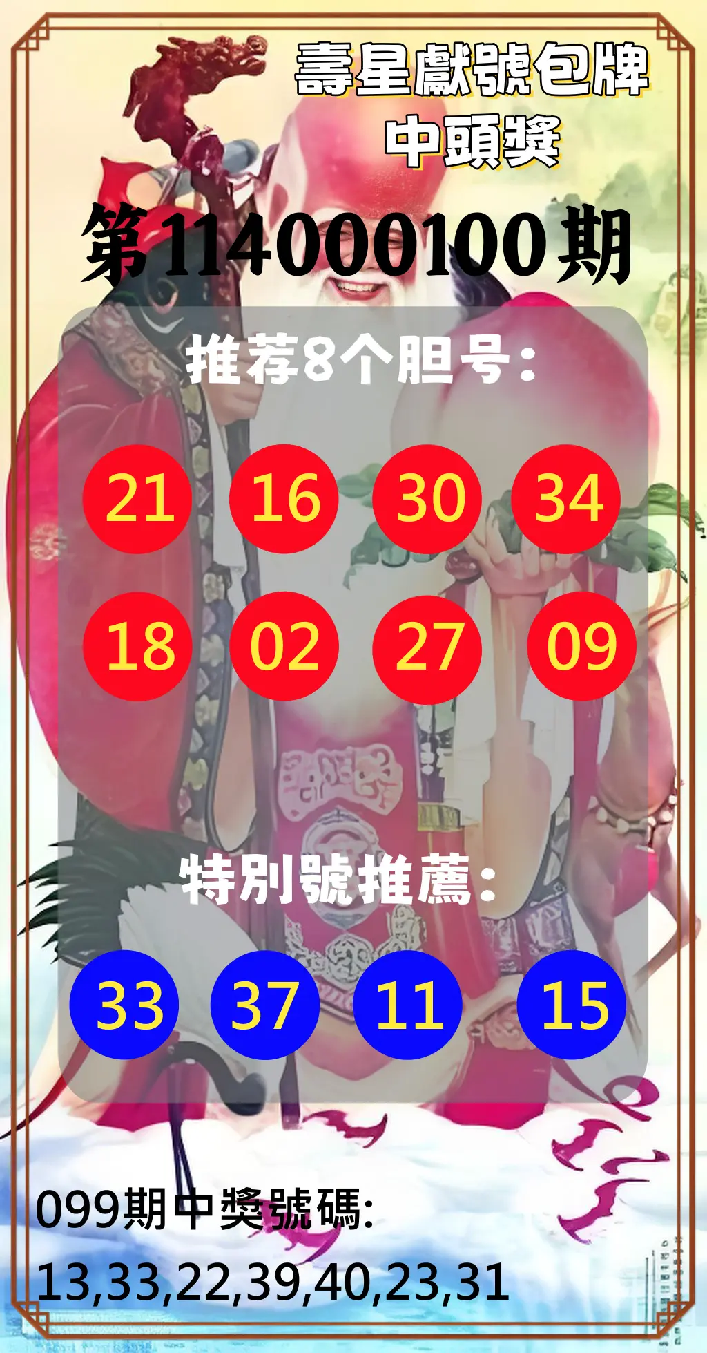 大樂透第114000100期(10/28)壽星獻號包牌中頭獎