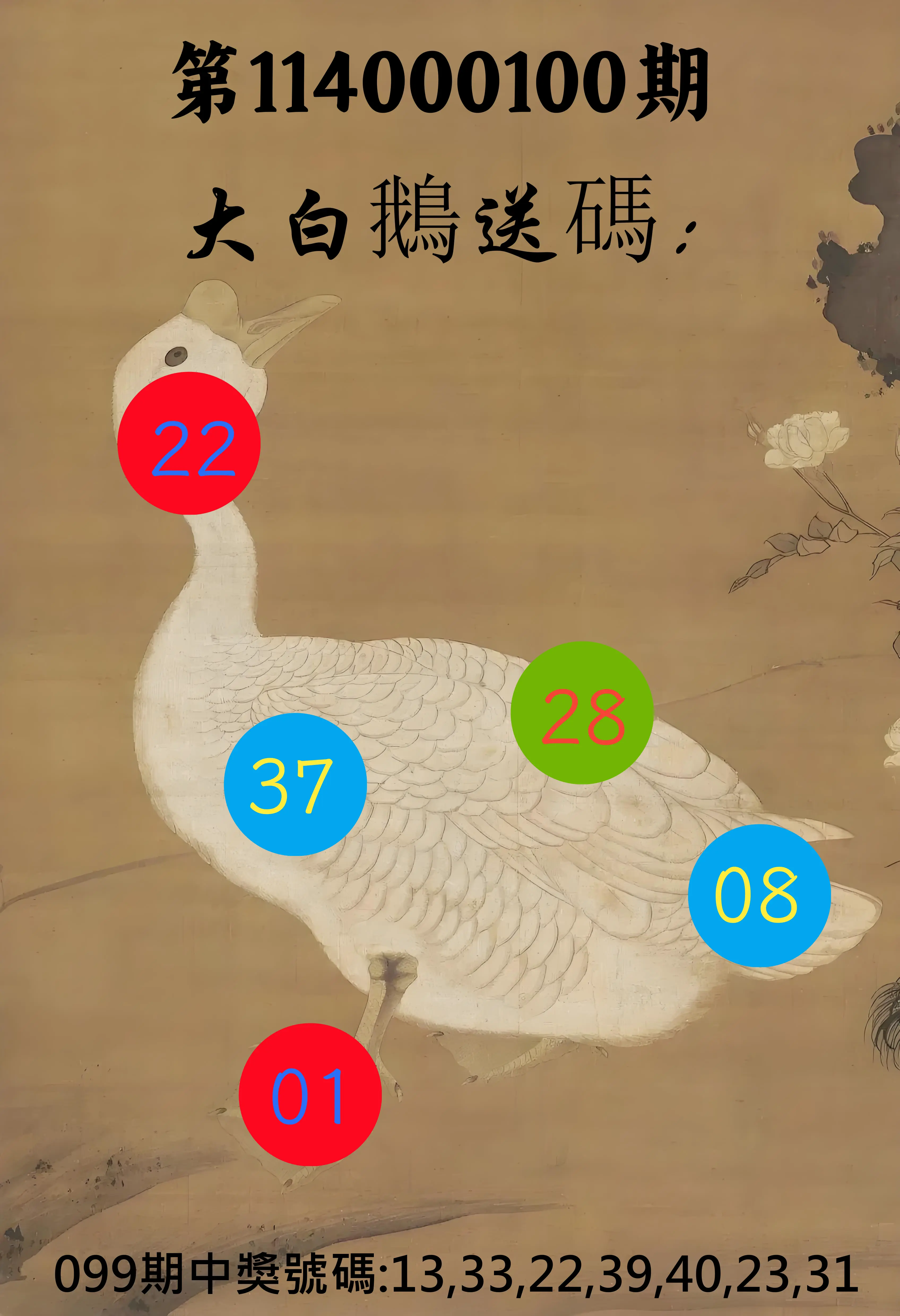 大樂透第114000100期(10/28)大白鵝送碼