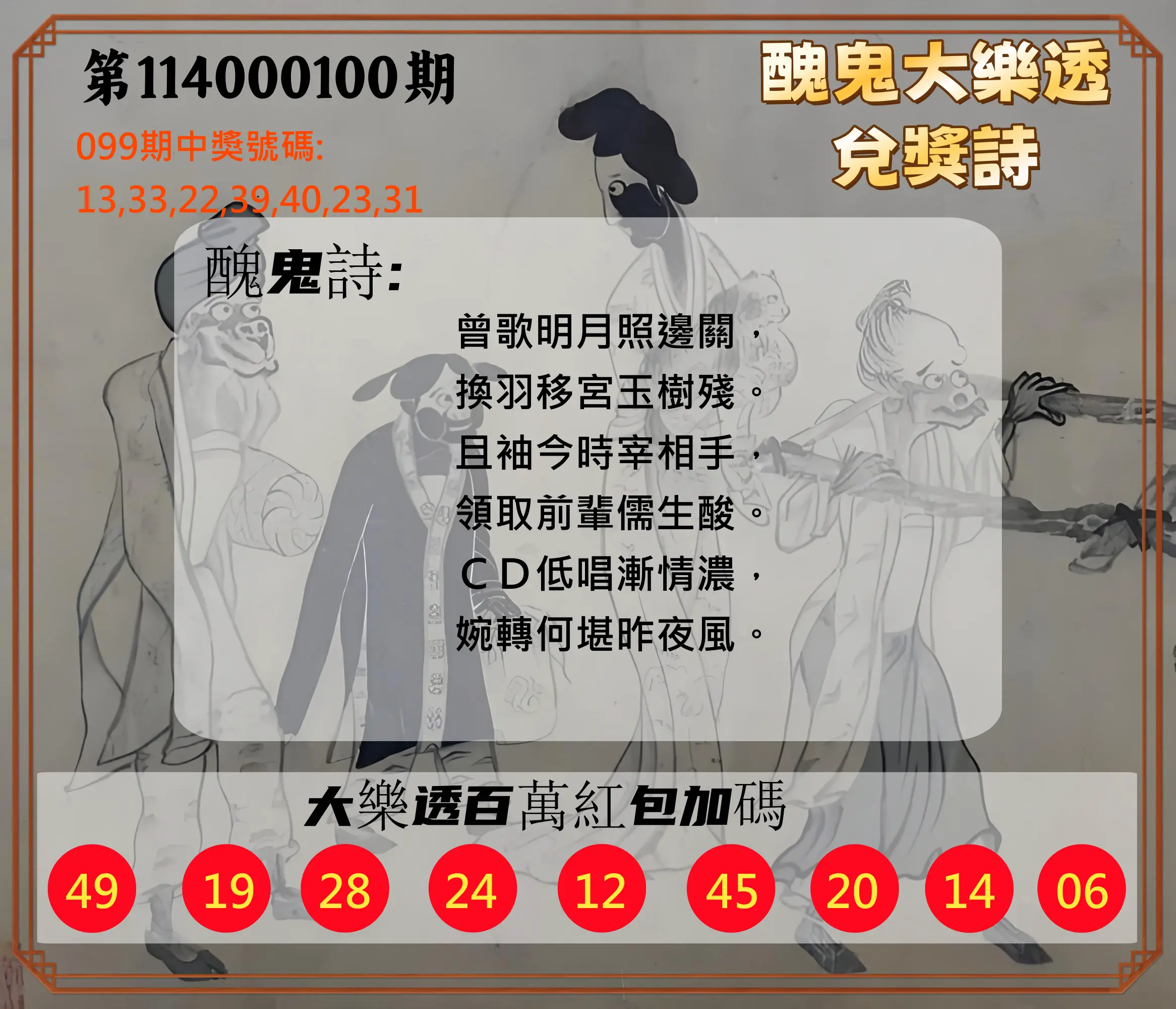 大樂透第114000100期(10/28)醜鬼大樂透兌獎詩