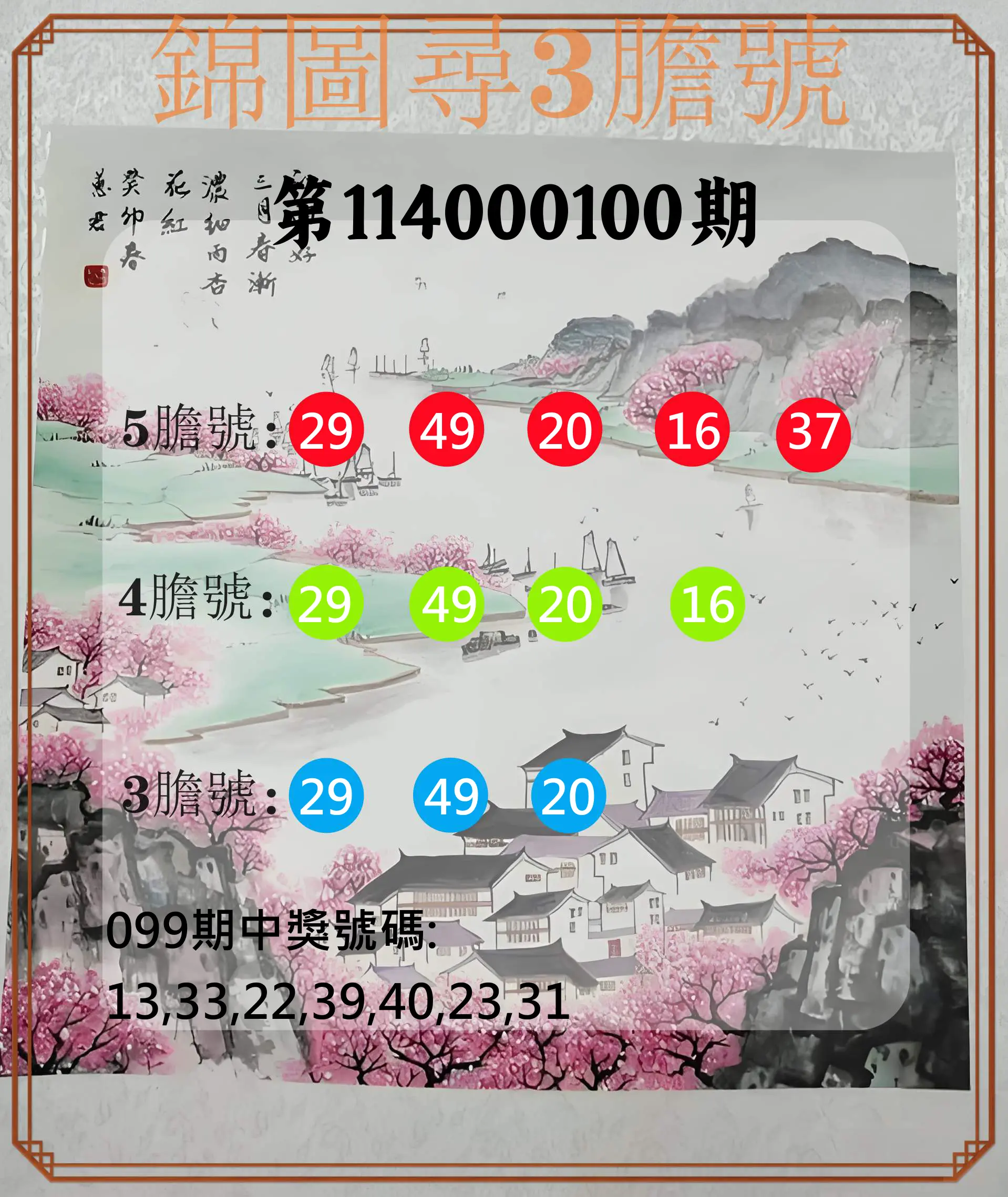 大樂透第114000100期(10/28)錦圖尋3膽號