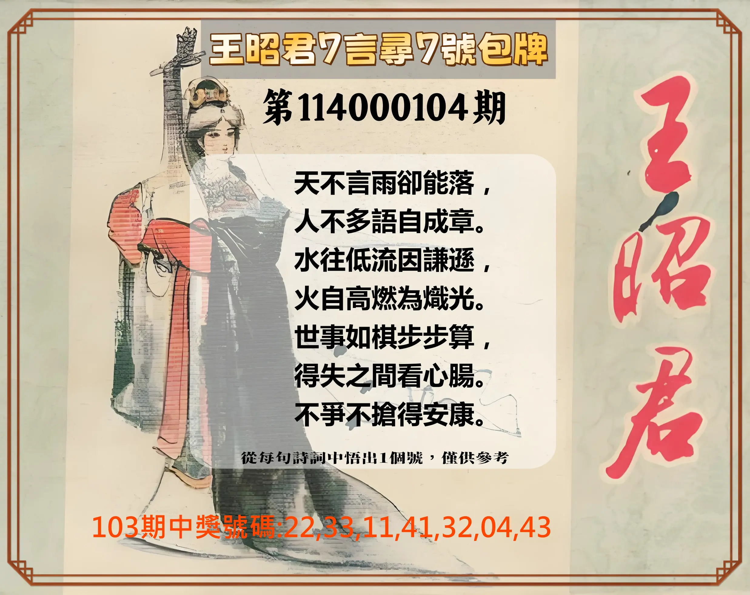 大樂透第114000104期(11/11)王昭君7言尋7號包牌