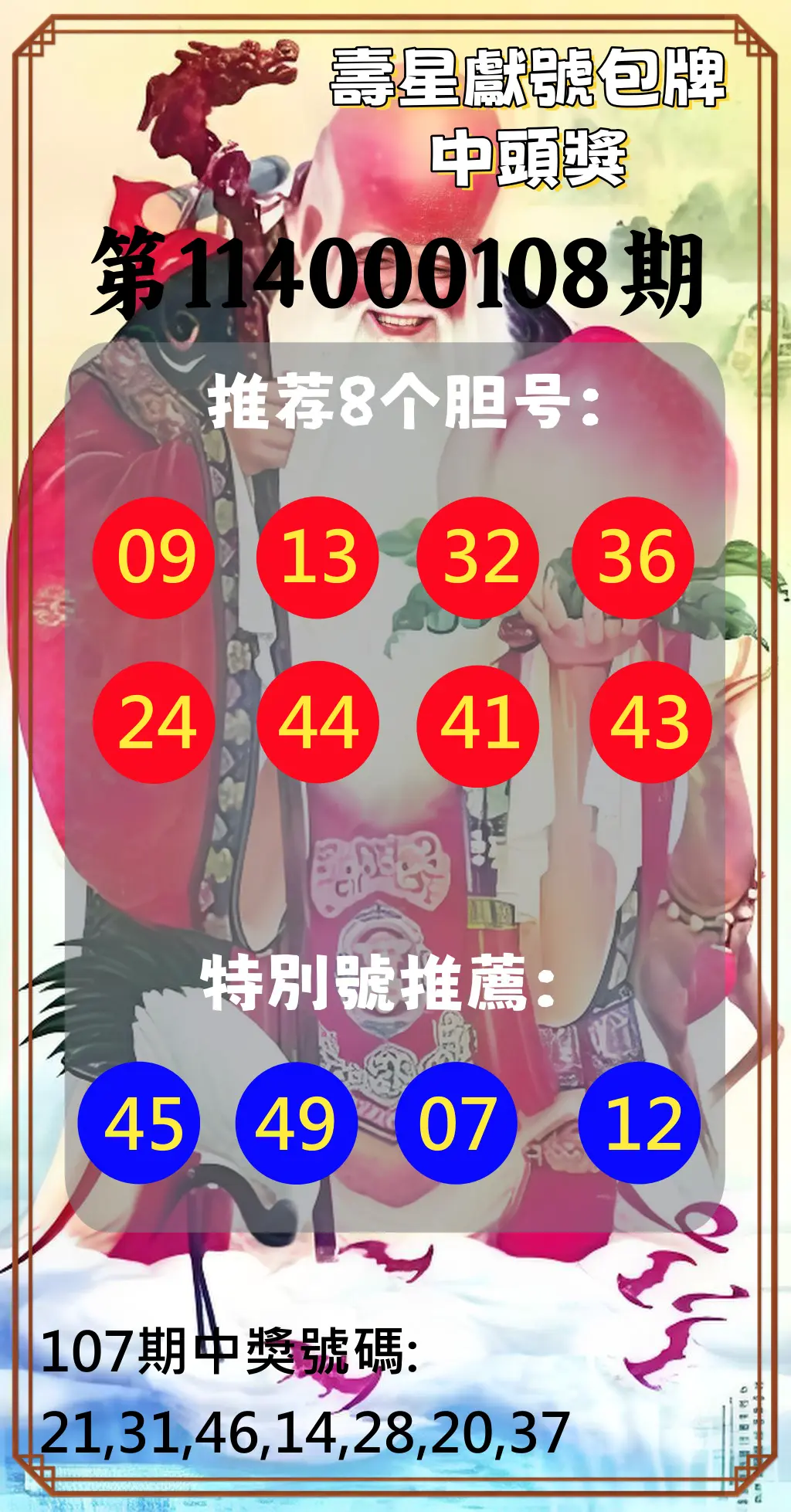 大樂透第114000108期(11/25)壽星獻號包牌中頭獎