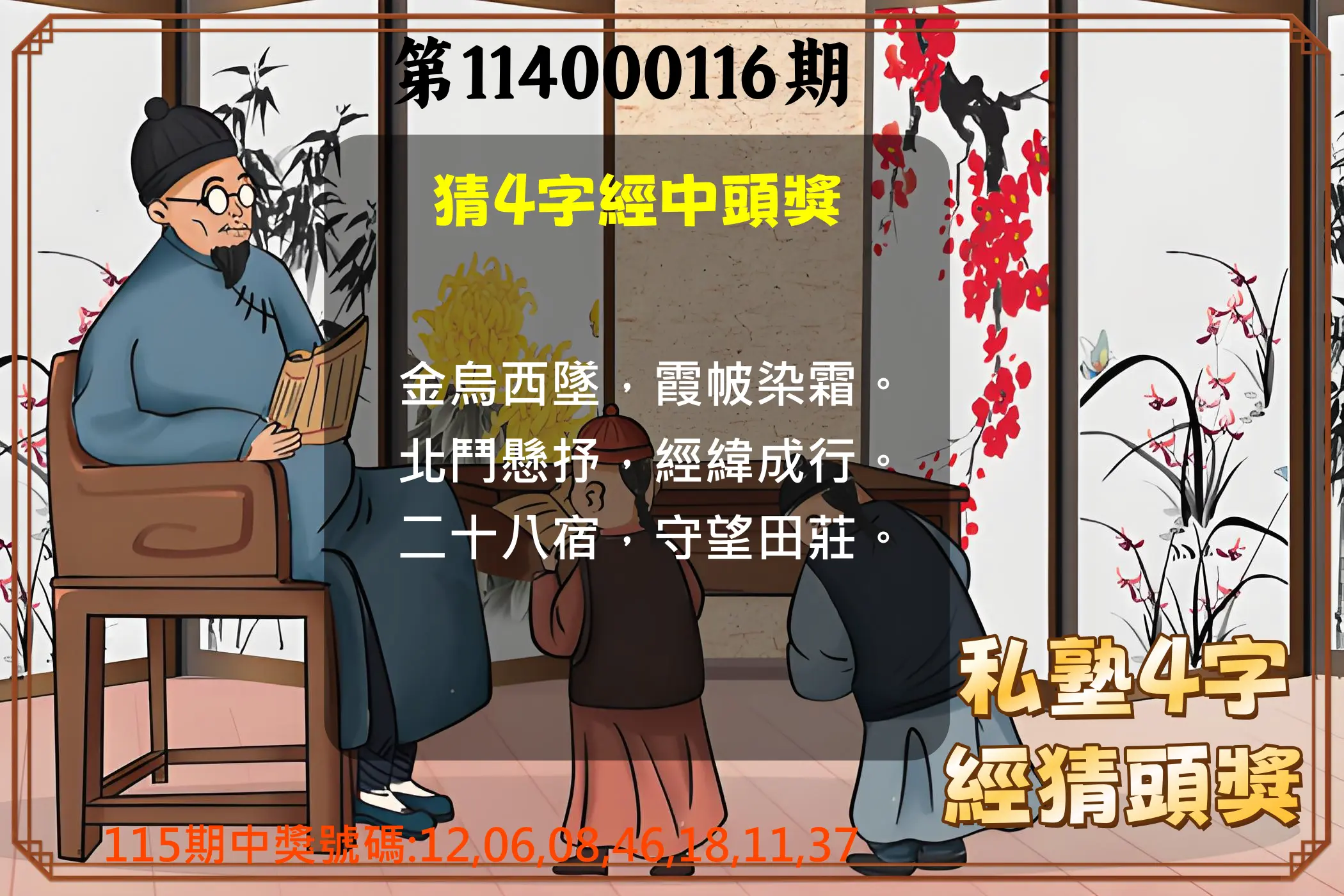 大樂透第114000116期(12/23)私塾4字經猜頭獎