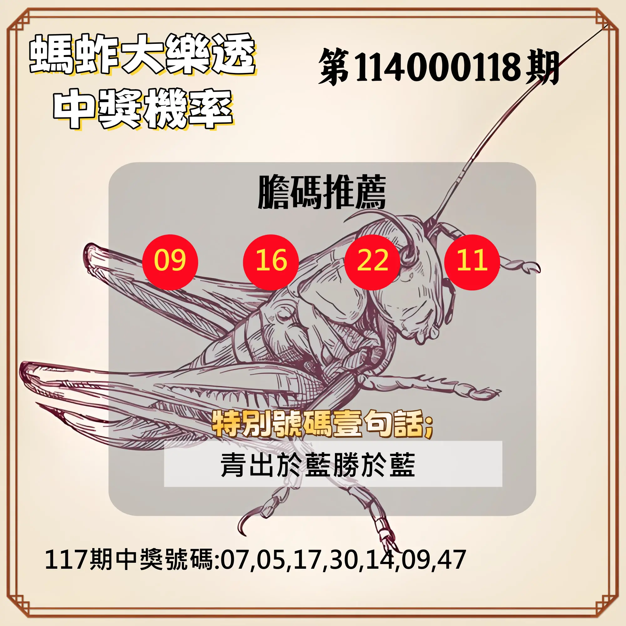 大樂透第114000118期(12/30)螞蚱大樂透中獎機率