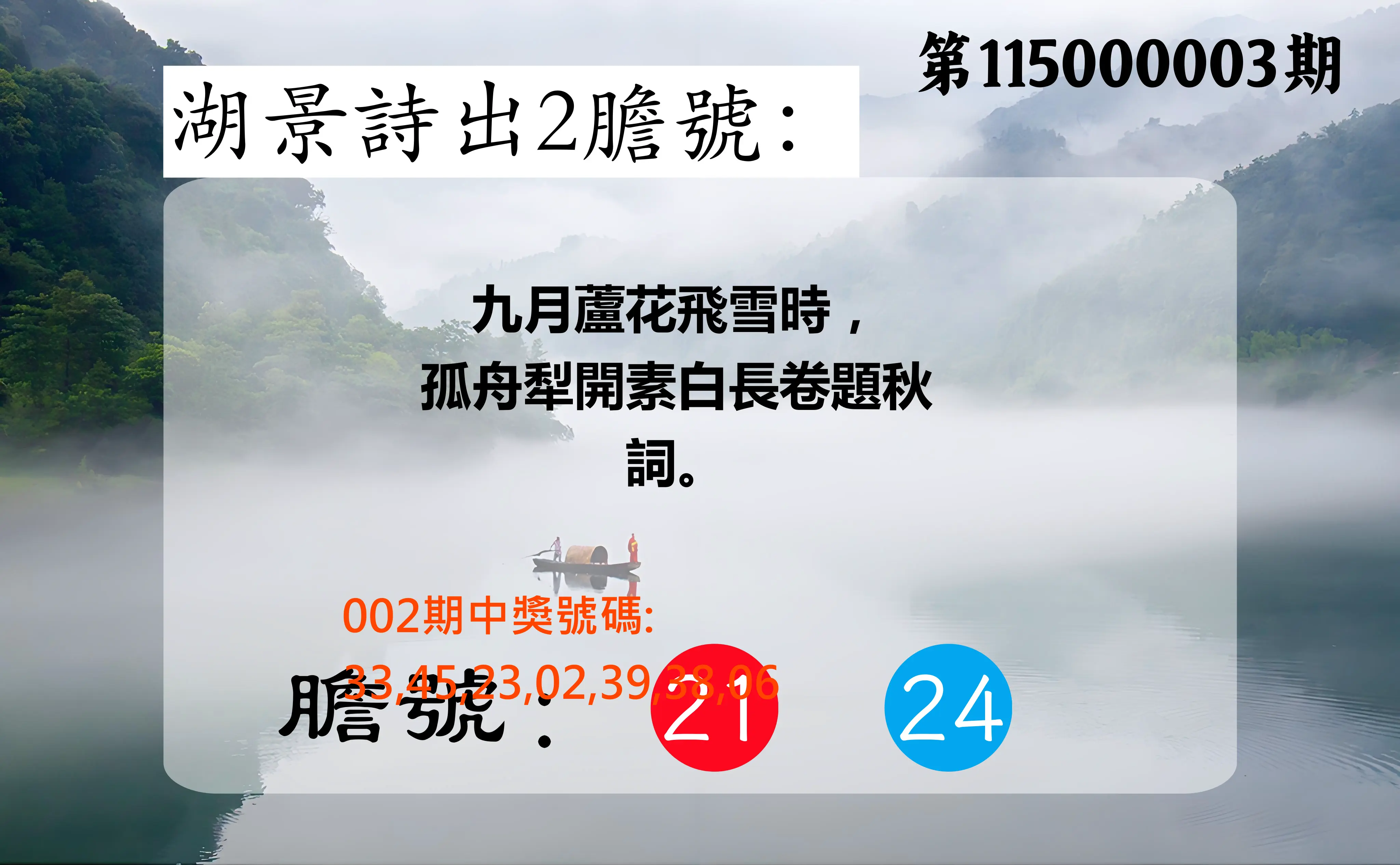 大樂透第115000003期(01/09)湖景詩出2膽號