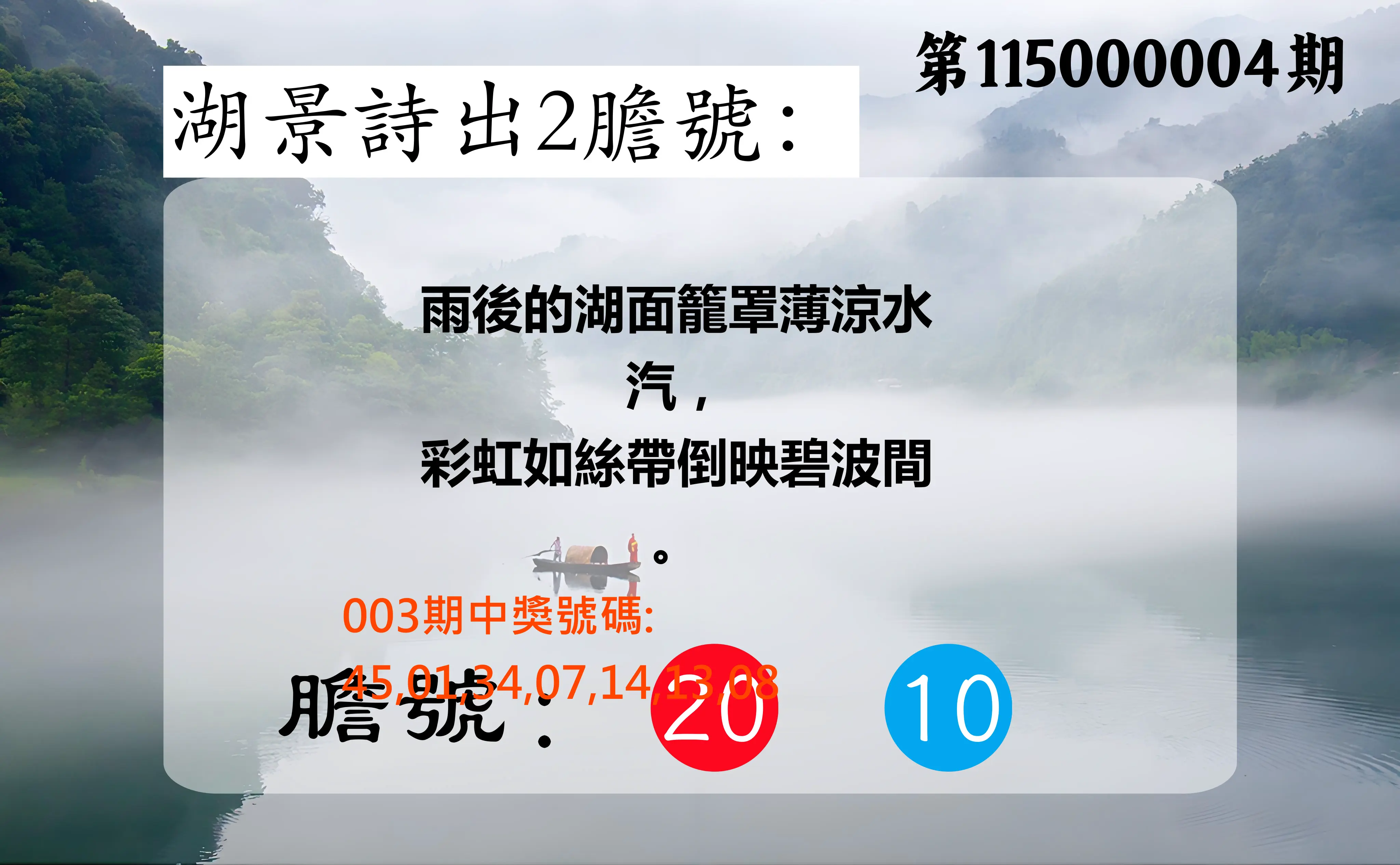 大樂透第115000004期(01/13)湖景詩出2膽號