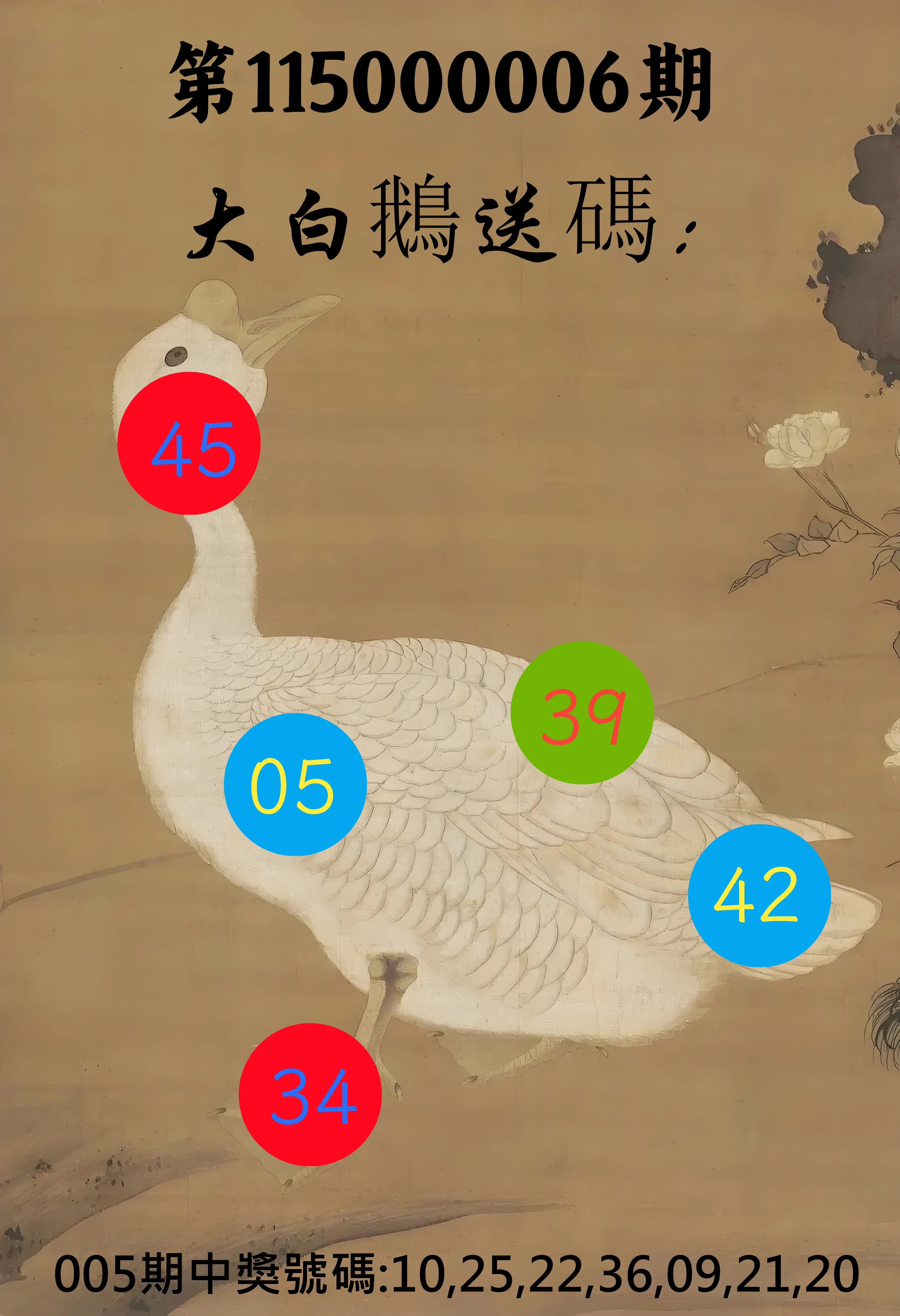 大樂透第115000006期(01/20)大白鵝送碼