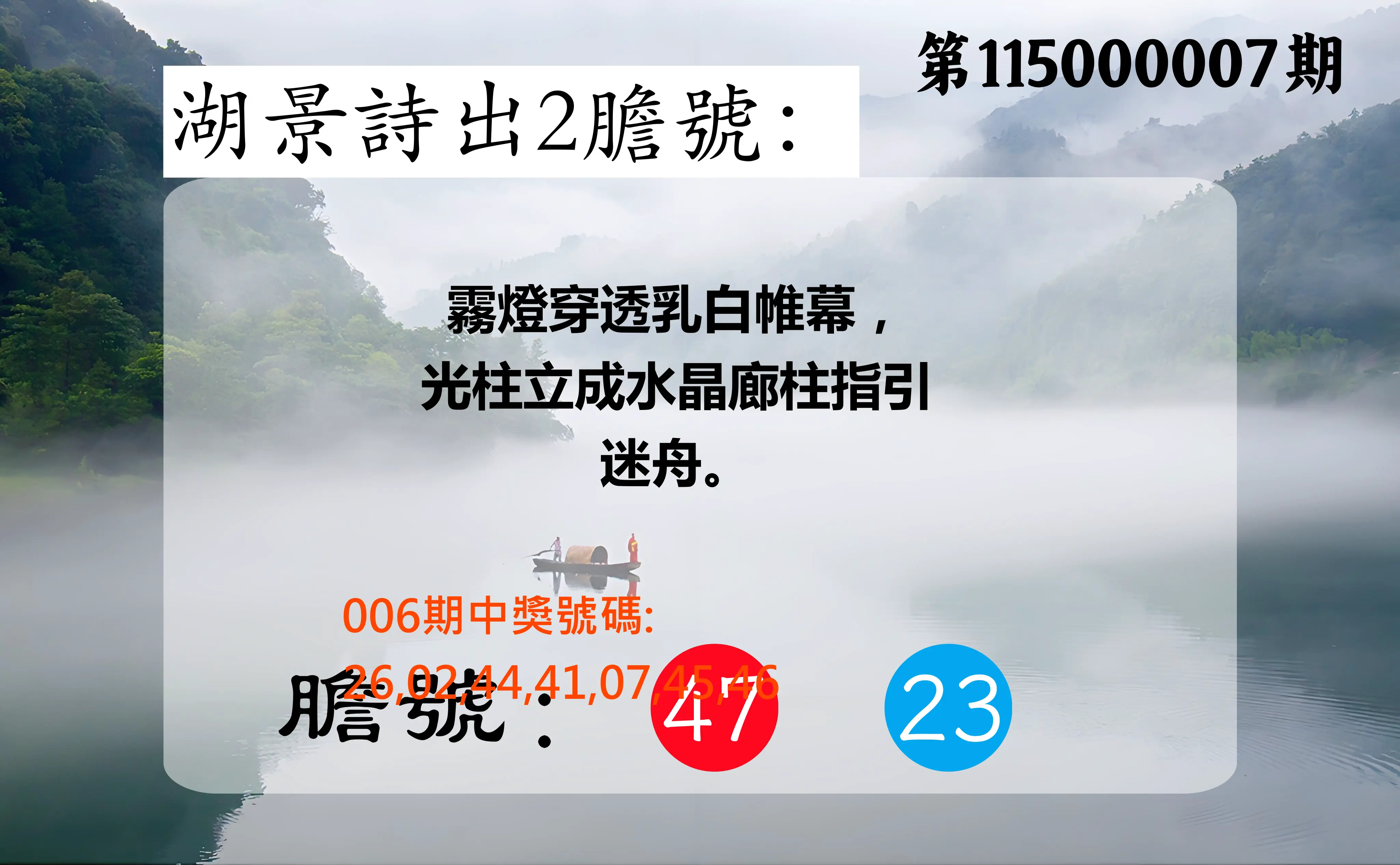 大樂透第115000007期(01/23)湖景詩出2膽號