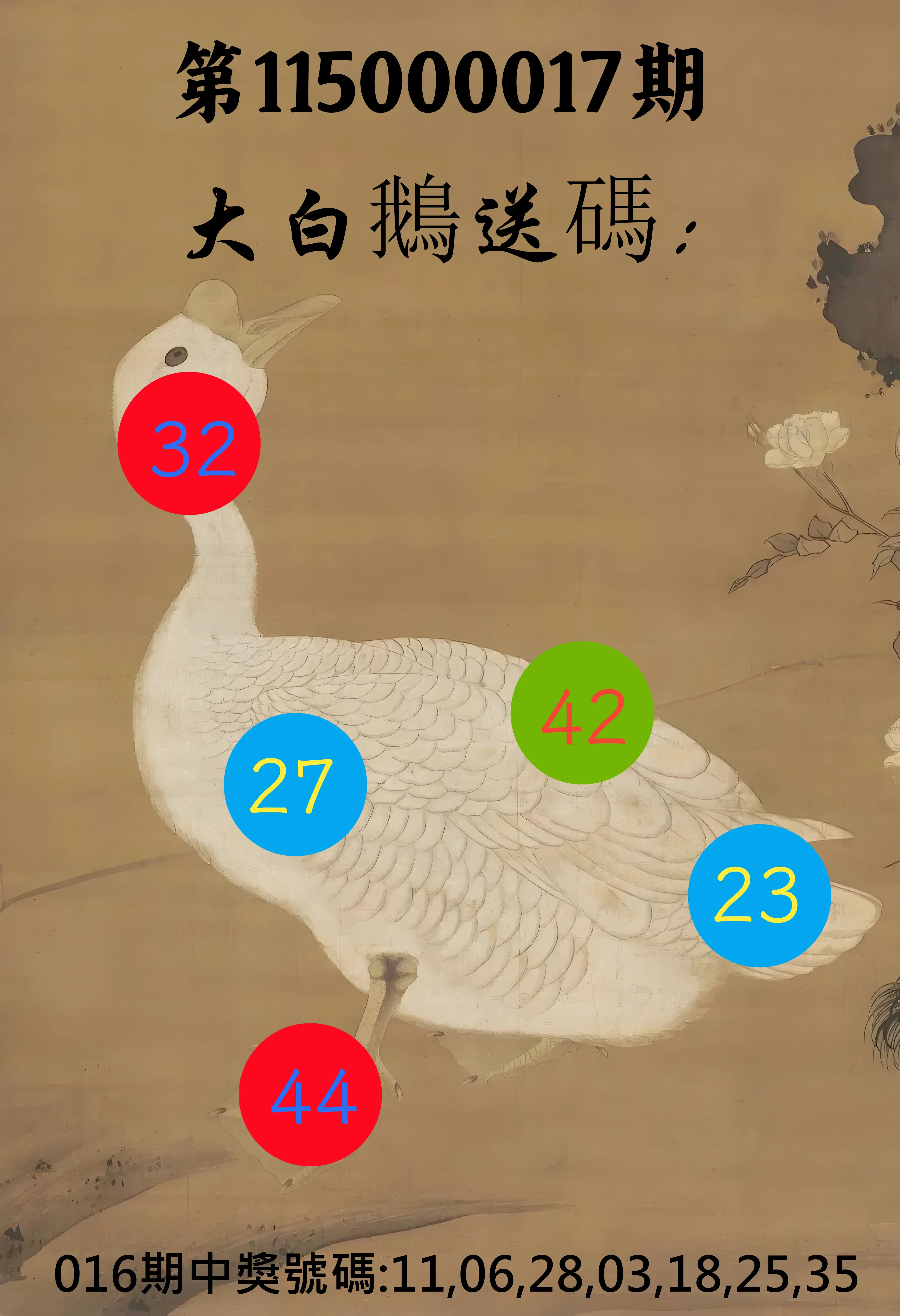 大樂透第115000017期(02/16)大白鵝送碼