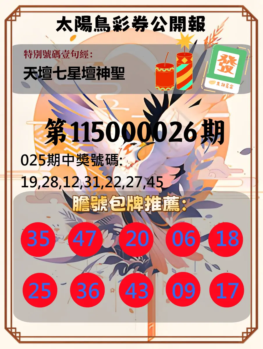 大樂透第115000026期(02/25)太陽鳥彩券公開報