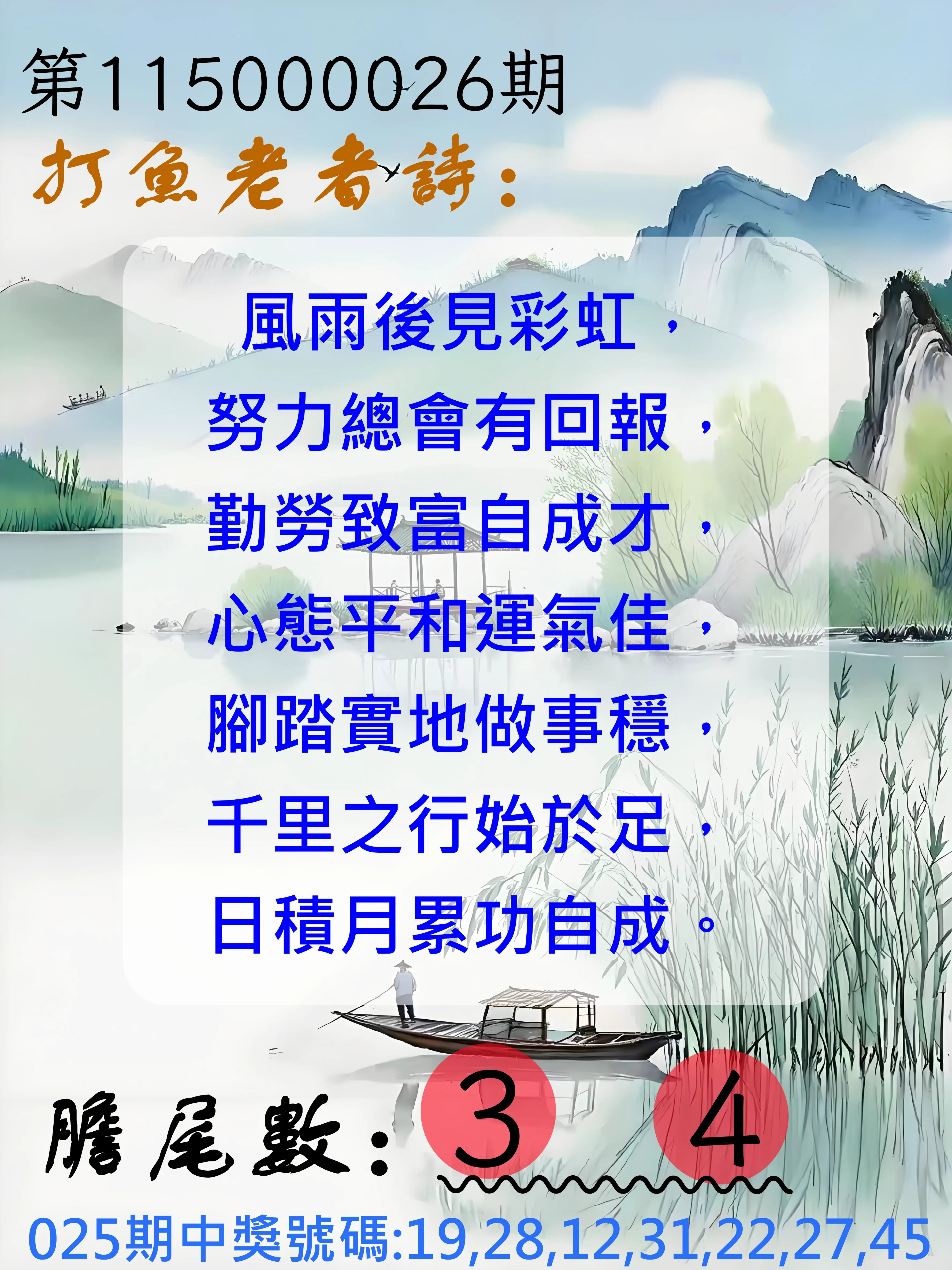 大樂透第115000026期(02/25)打魚老者詩