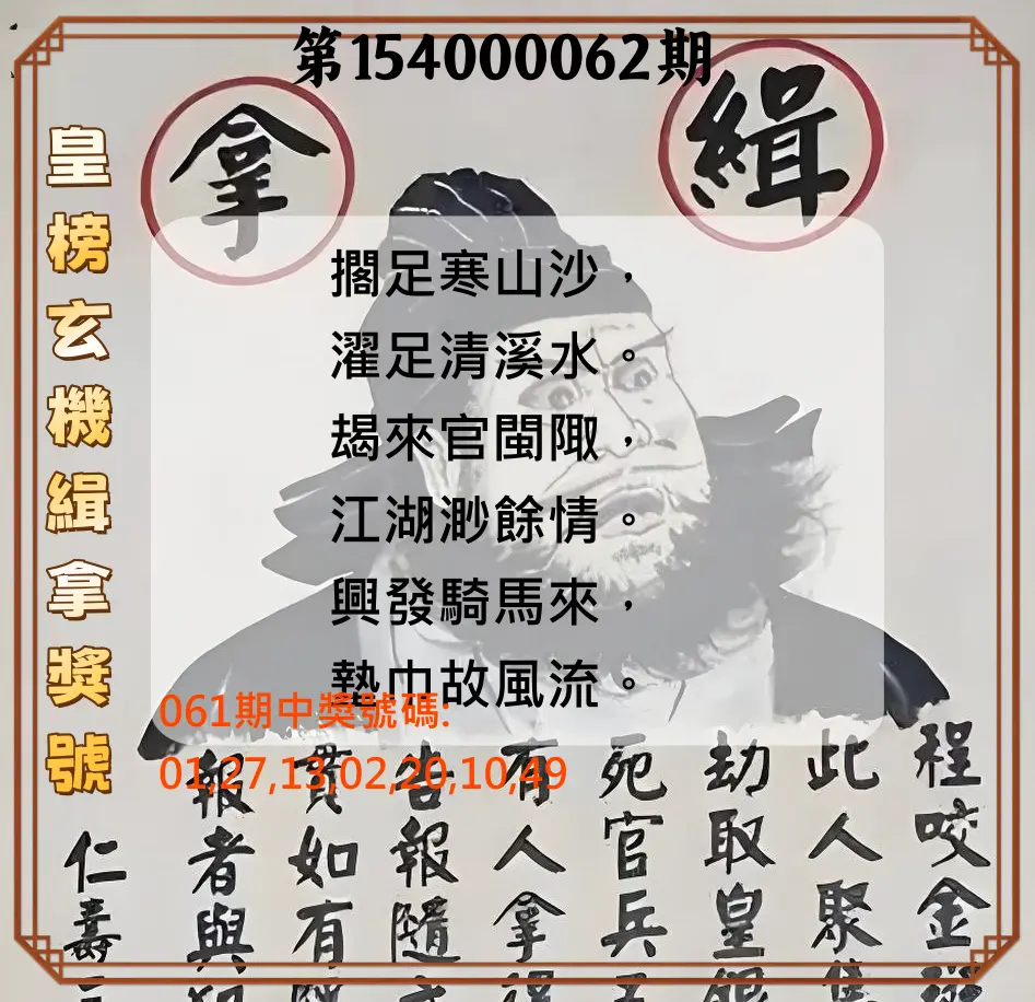大樂透第154000062期皇榜玄機緝拿獎號