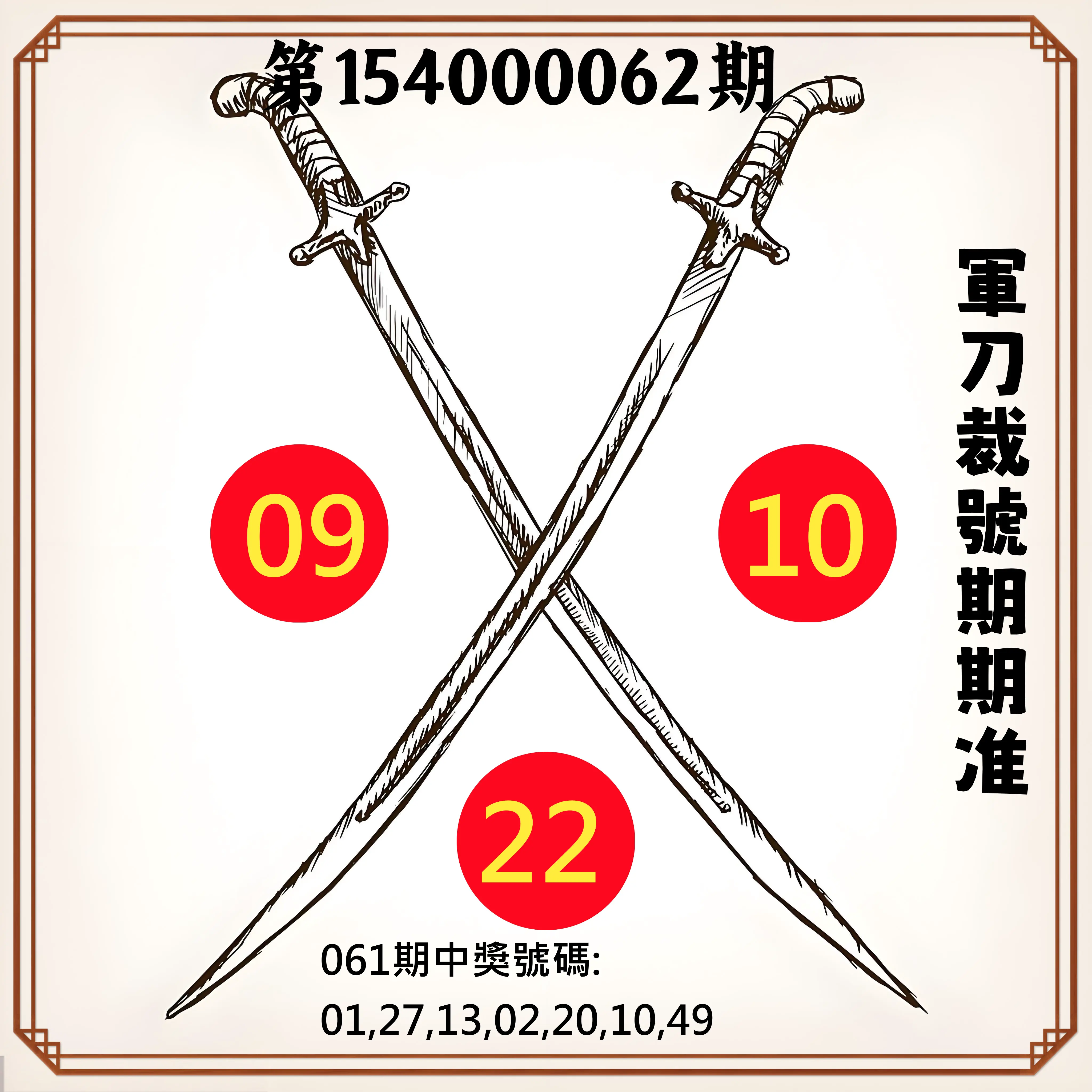 大樂透第154000062期軍刀裁號期期准