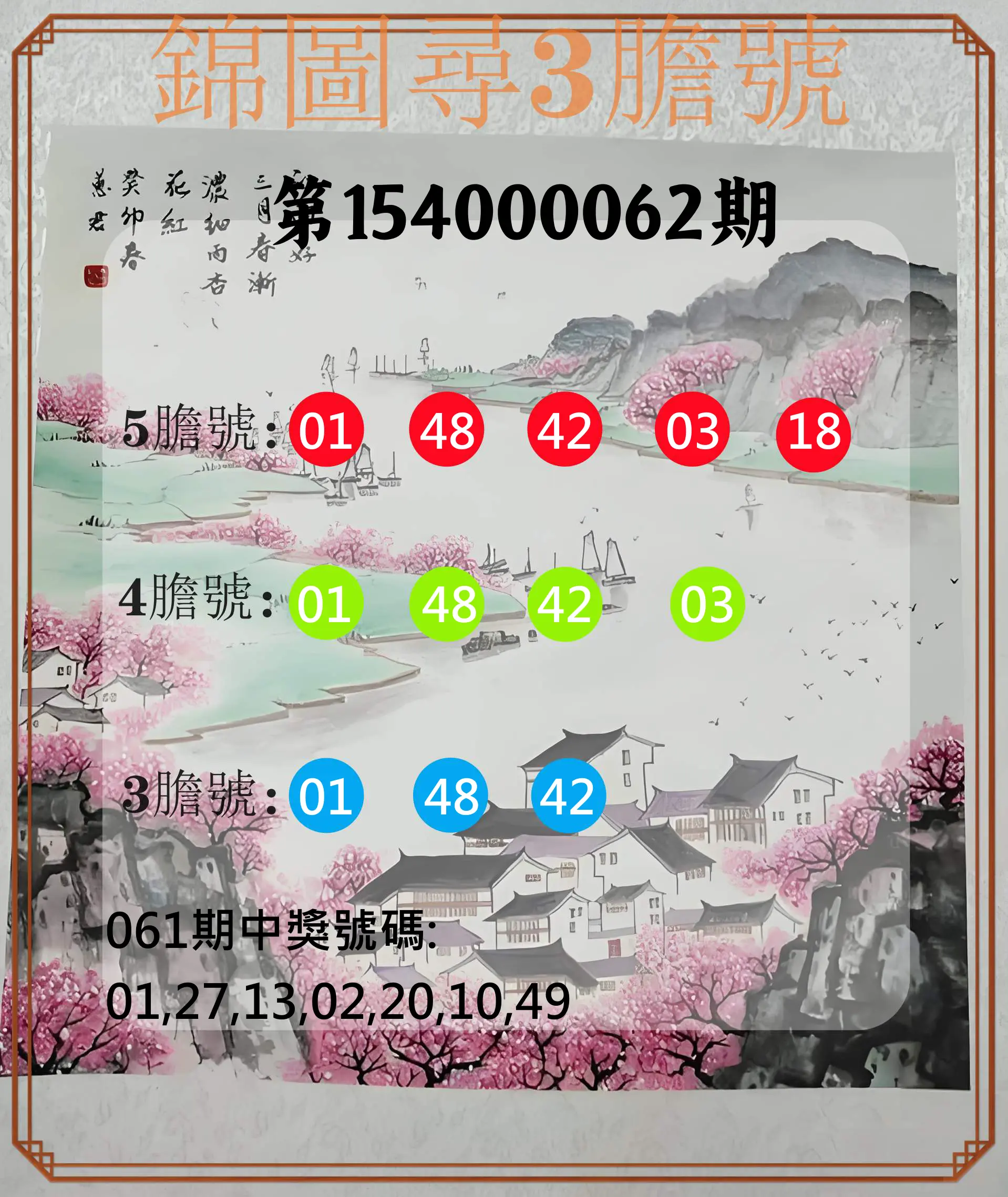 大樂透第154000062期錦圖尋3膽號
