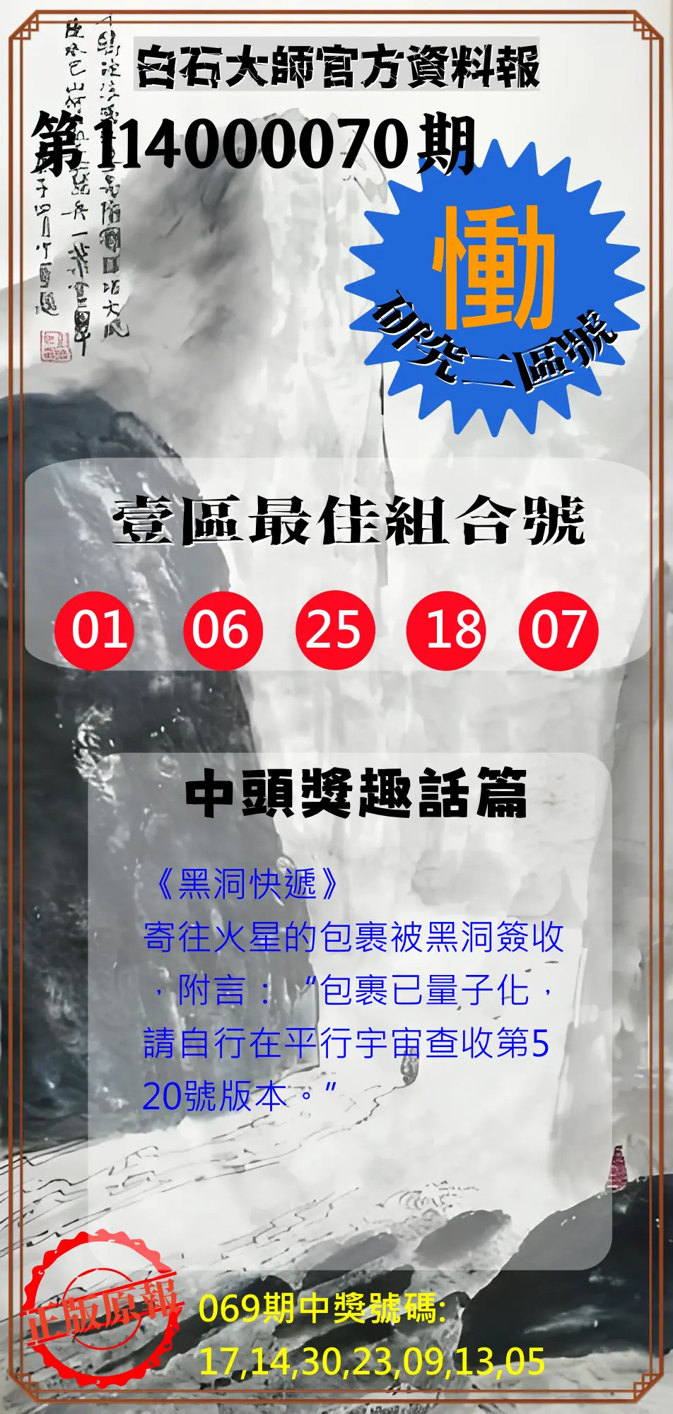 威力彩第114000070期(09/01)白石大師官方資料報