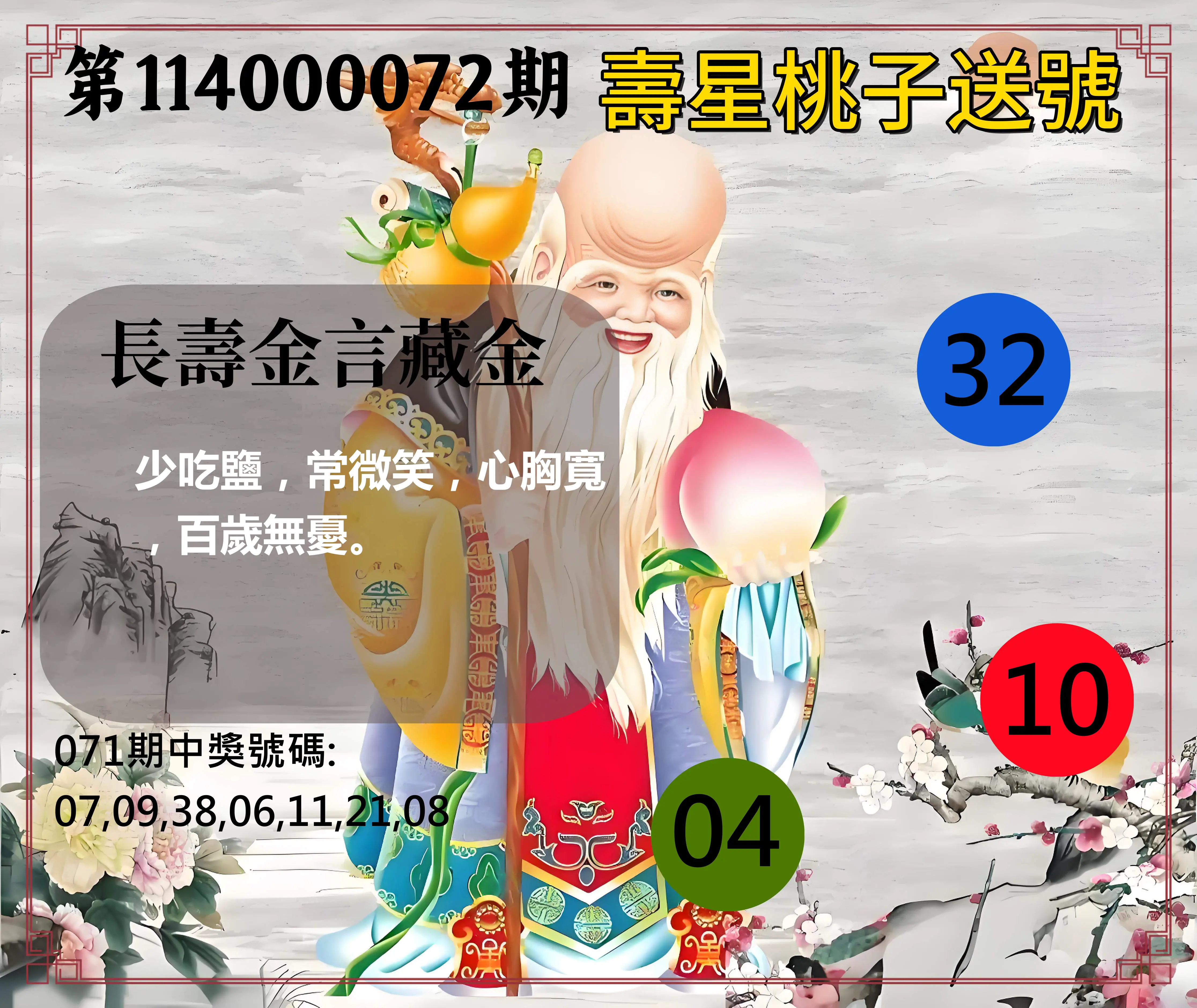 威力彩第114000072期(09/08)壽星桃子送號