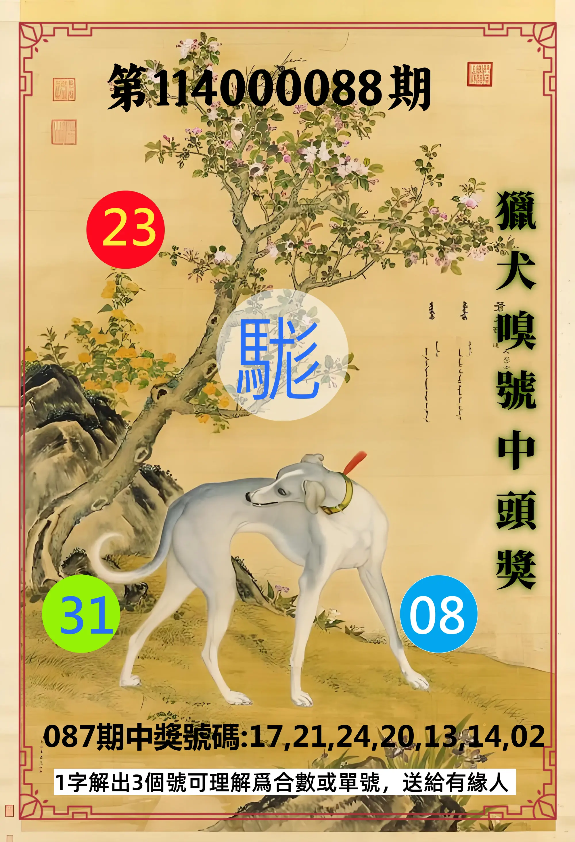 威力彩第114000088期(11/03)獵犬嗅號中頭獎