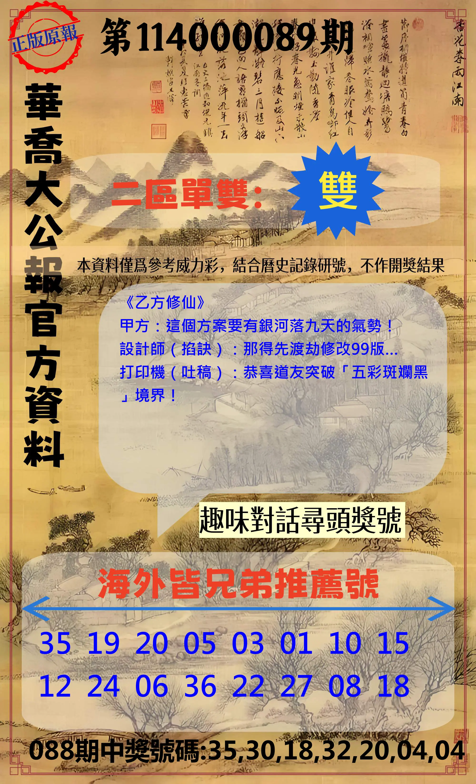 威力彩第114000089期(11/06)華喬大公報官方資料