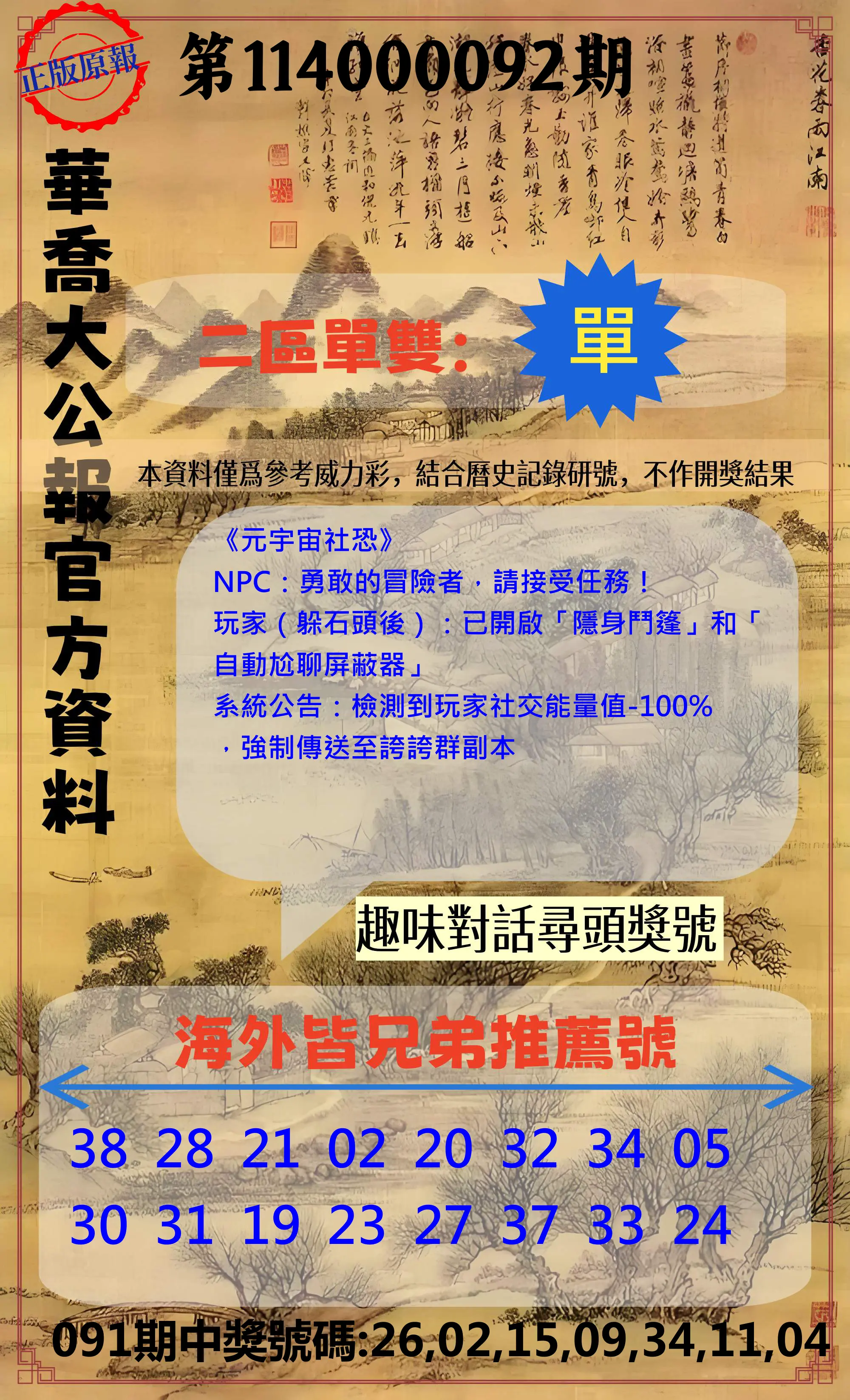 威力彩第114000092期(11/17)華喬大公報官方資料