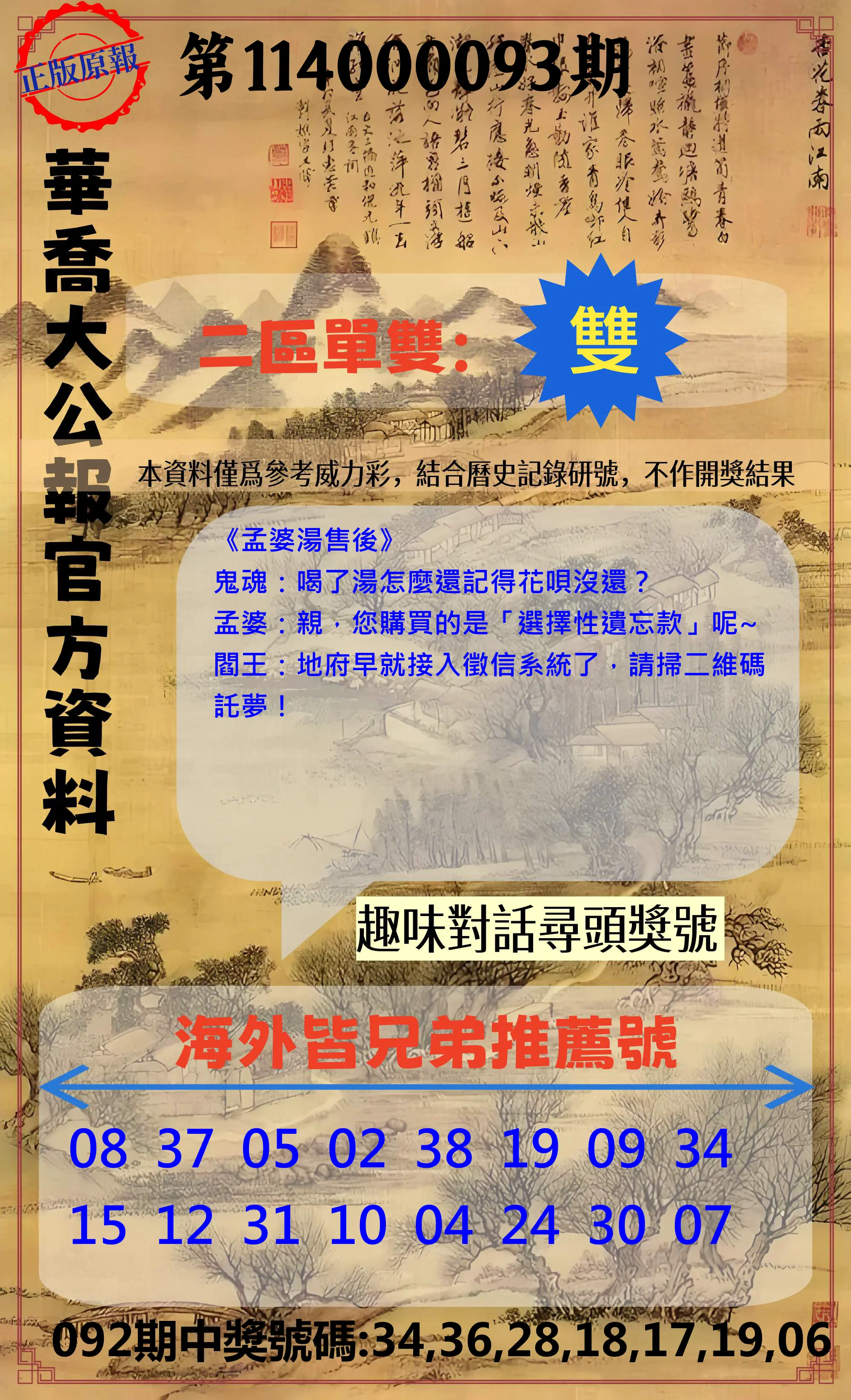 威力彩第114000093期(11/20)華喬大公報官方資料