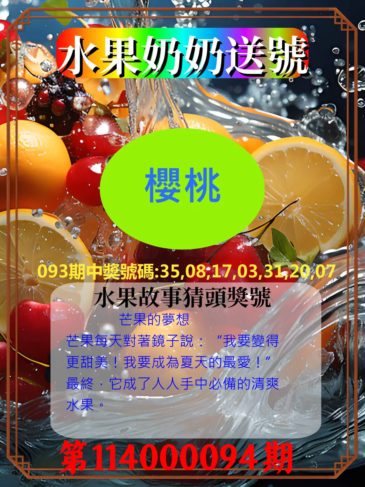 威力彩第114000094期(11/24)水果奶奶送號