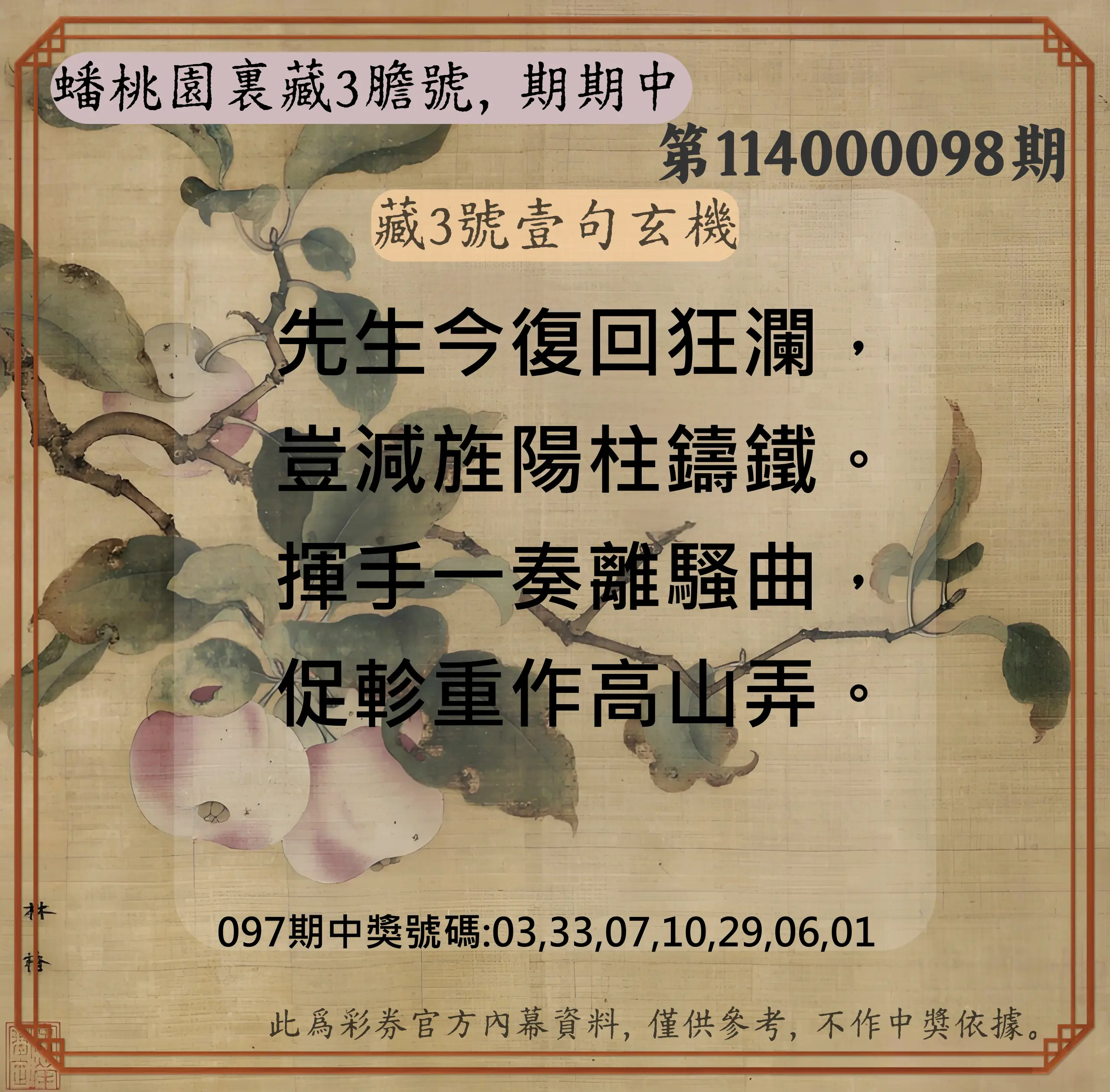 威力彩第114000098期(12/08)蟠桃園裏藏3膽號，期期中