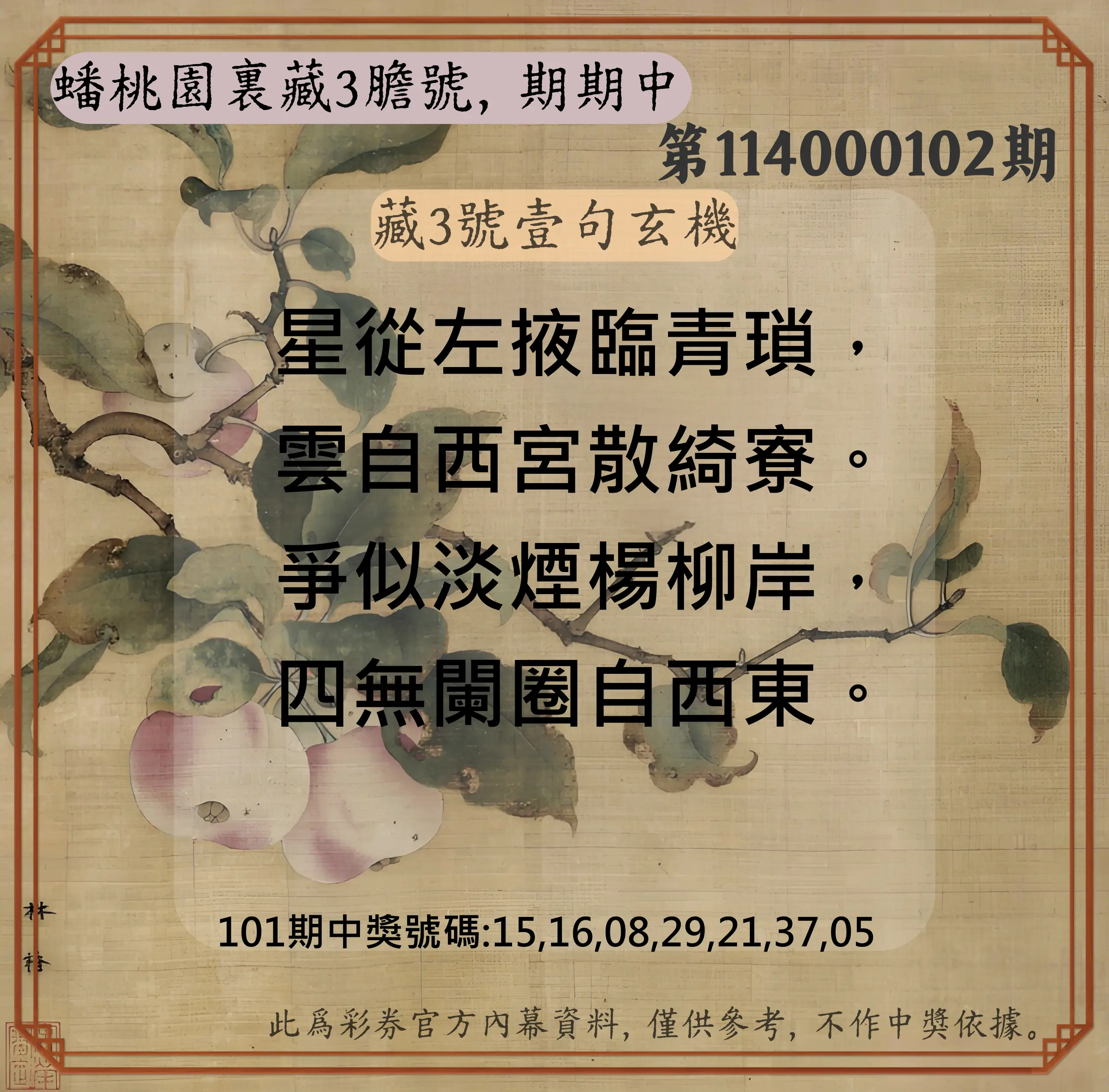 威力彩第114000102期(12/22)蟠桃園裏藏3膽號，期期中