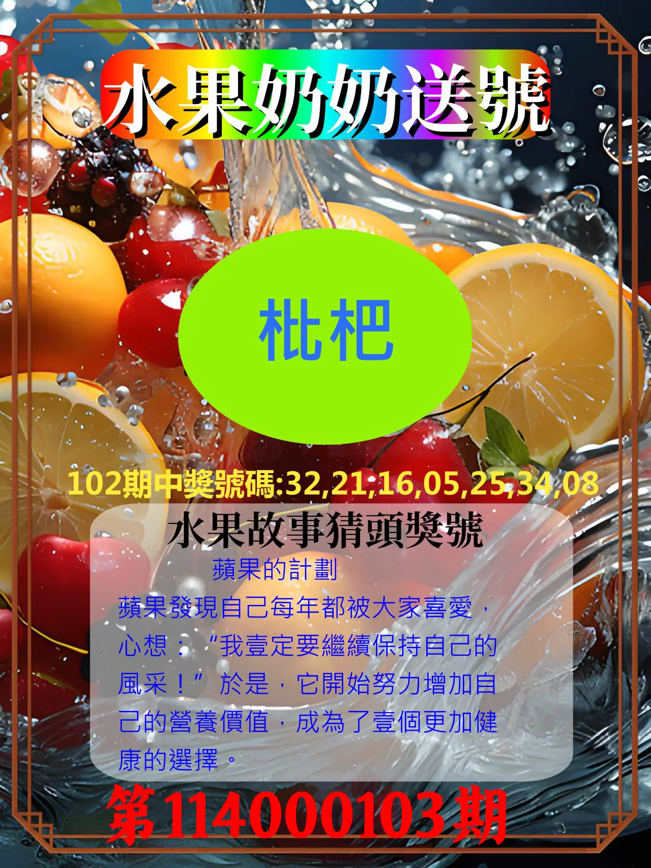 威力彩第114000103期(12/25)水果奶奶送號