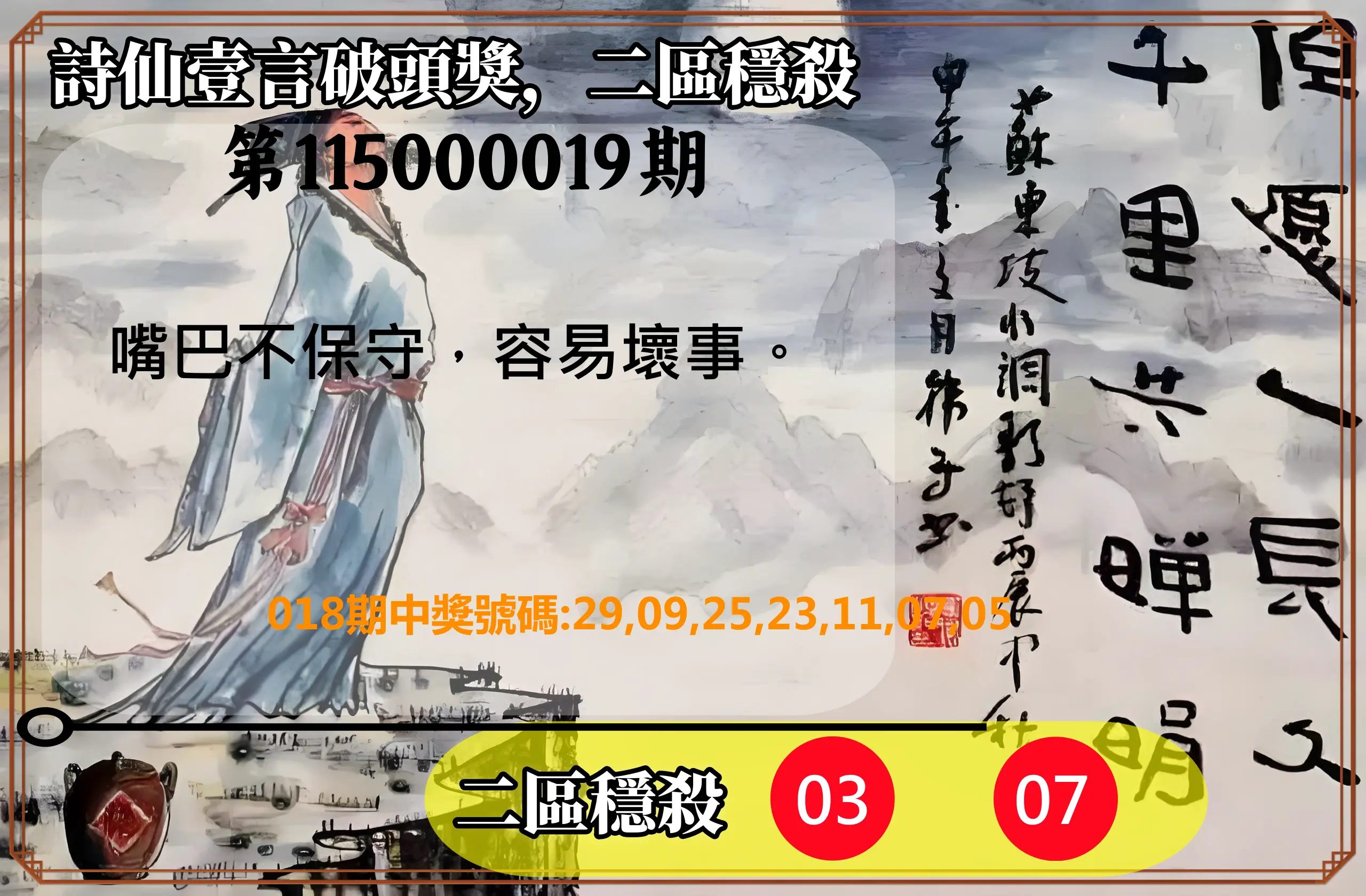 威力彩第115000019期(03/05)詩仙壹言破頭獎，二區穩殺