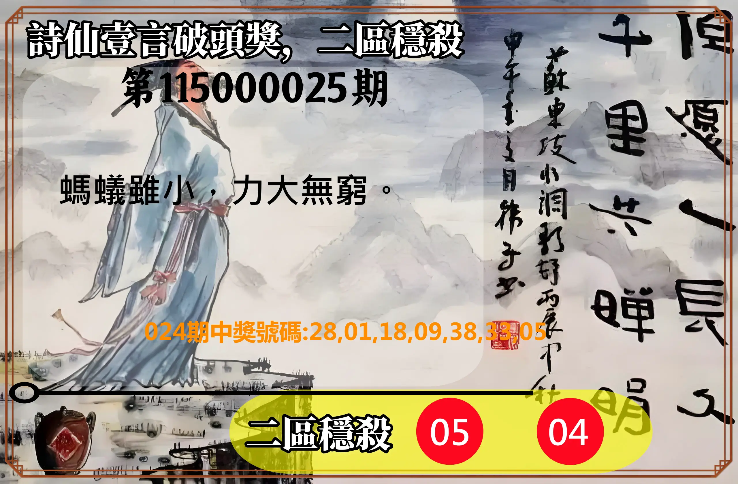 威力彩第115000025期(03/26)詩仙壹言破頭獎，二區穩殺